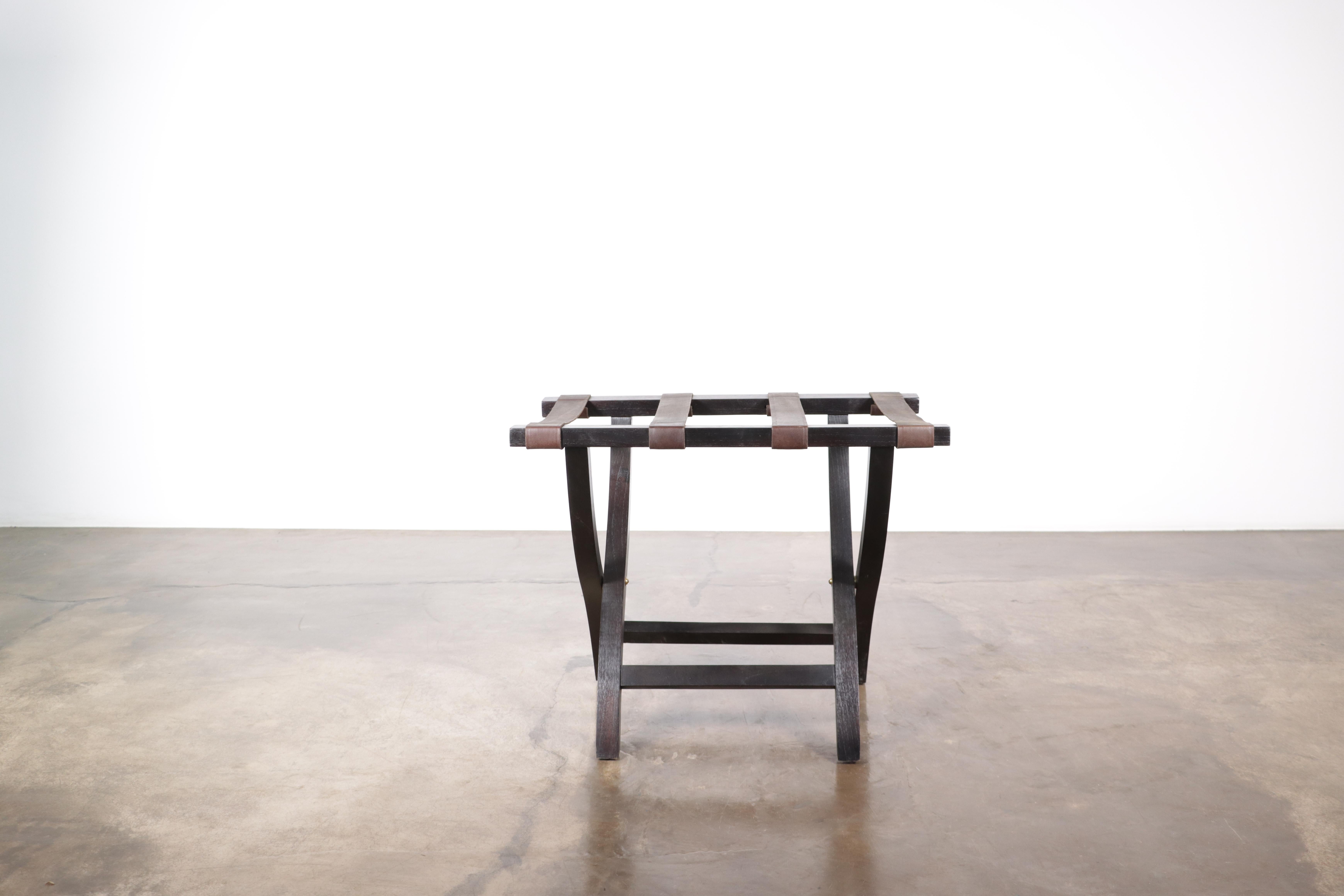 Hand-Crafted Argentine Rosewood Slung Leather Luggage Rack by Costantini, Valerio (In Stock) For Sale