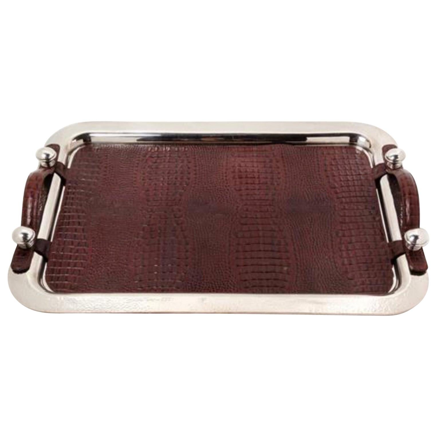 Argentinisches Serviertablett aus Silber und Leder, Plata Lappas, Buenos Aires