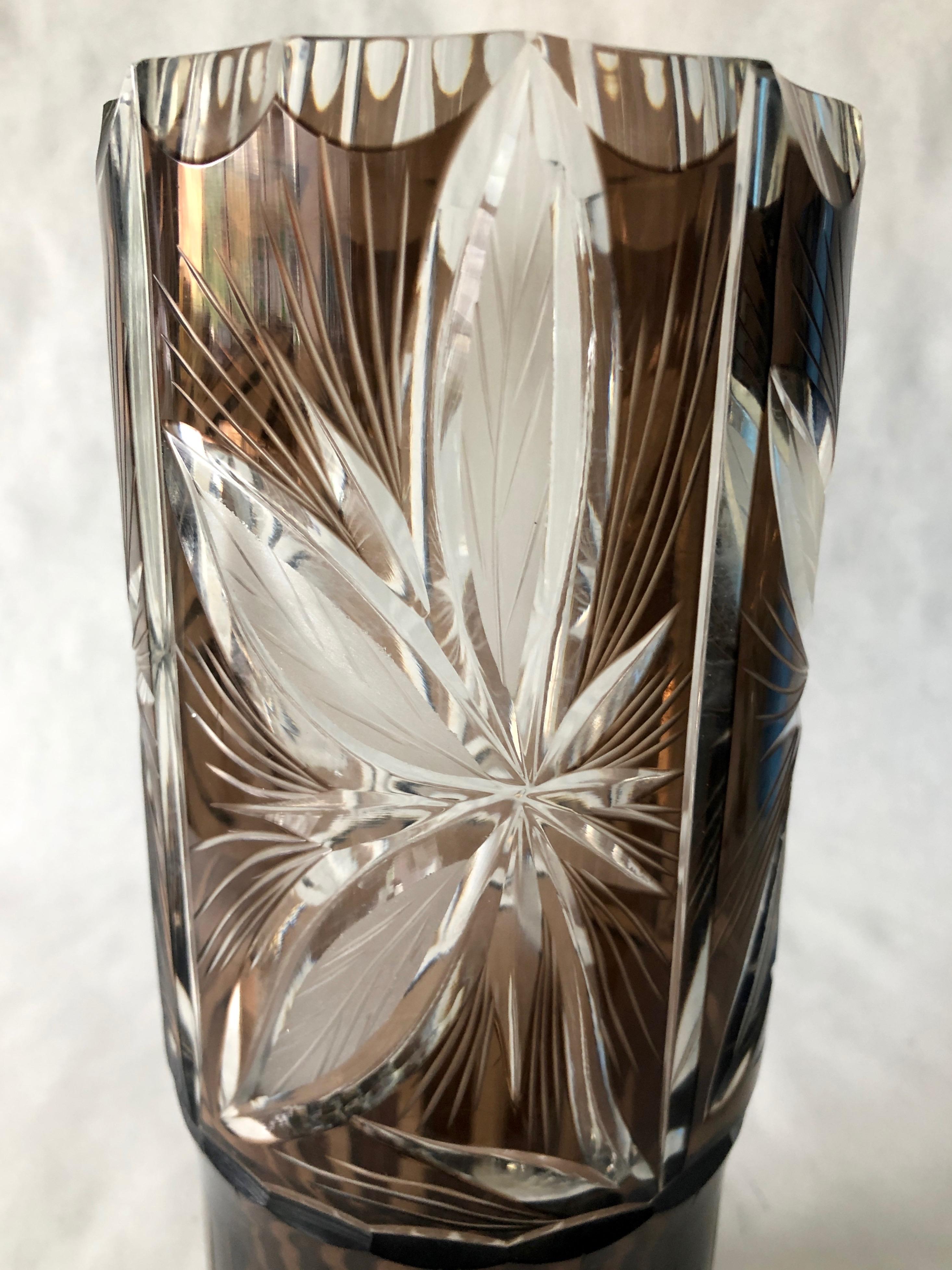 Argentinean Cut Crystal Lily Floral Design Amber Brown & Clear Glass Flower Vase For Sale 6