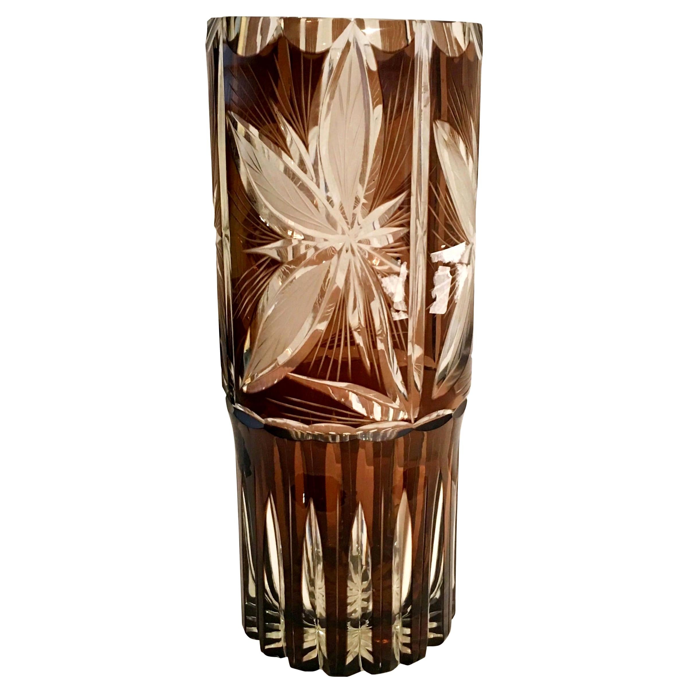 Argentinean Cut Crystal Lily Floral Design Amber Brown & Clear Glass Flower Vase For Sale
