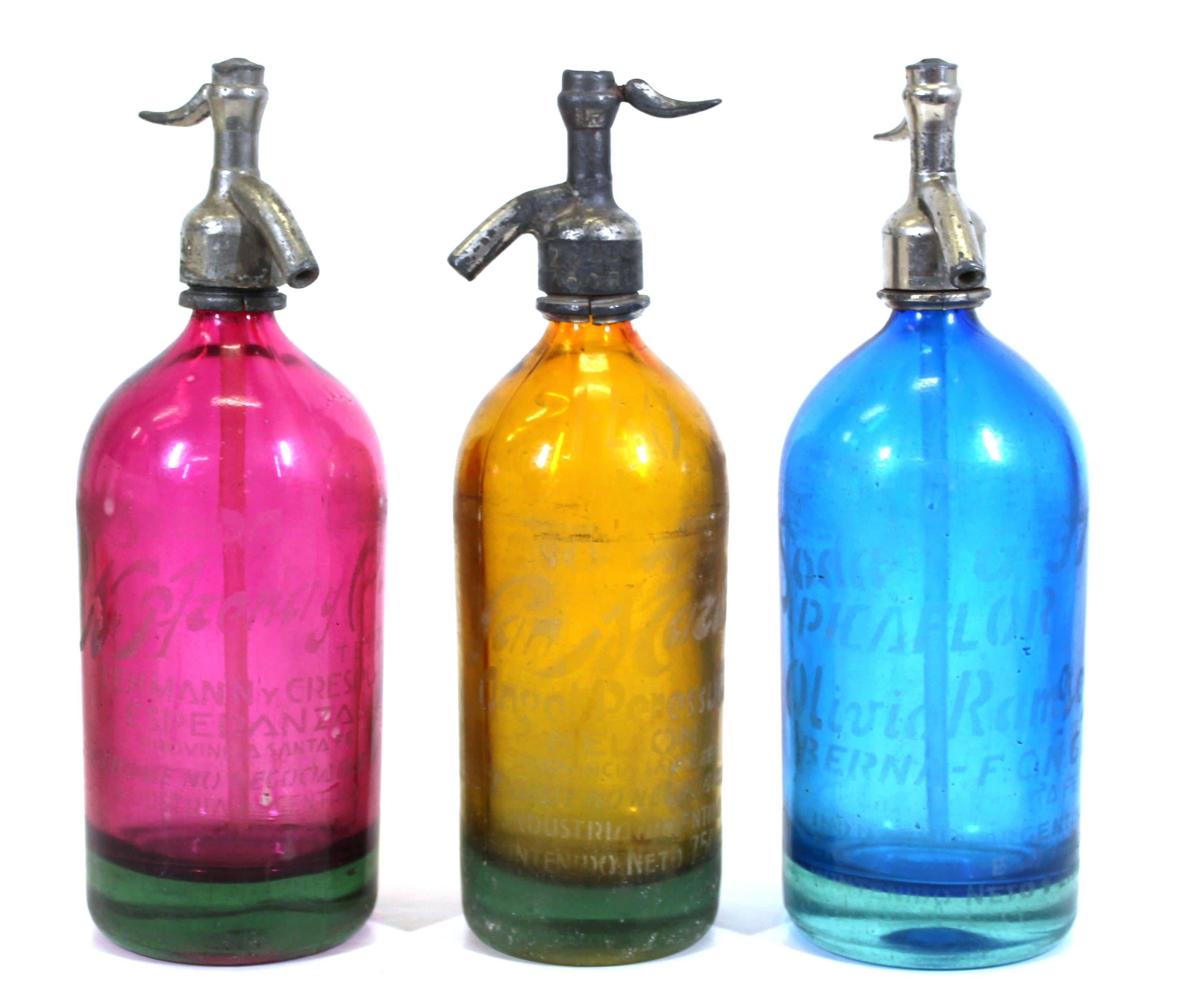Argentinian Art Deco Seltzer Bottles in Pink, Blue and Amber For Sale
