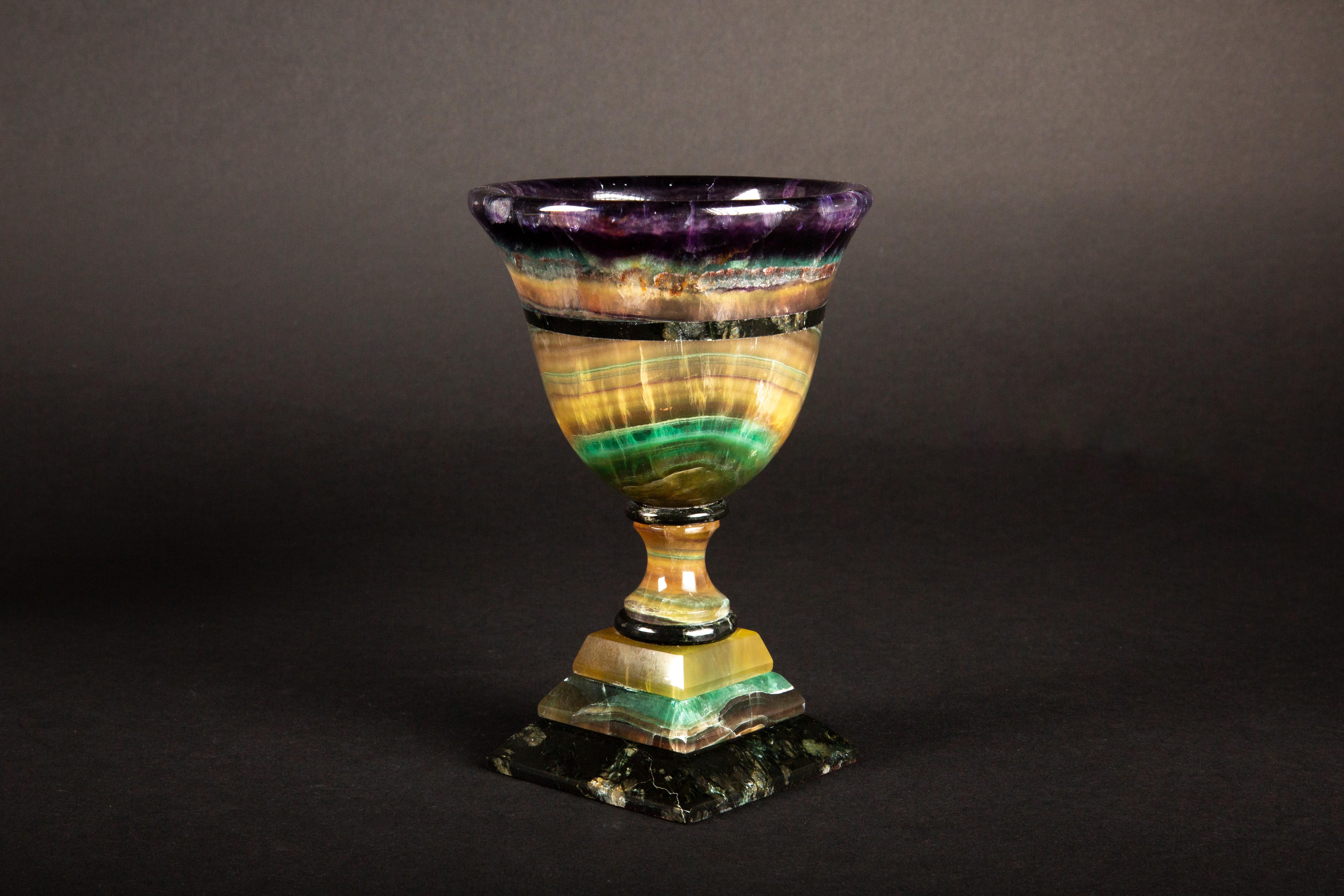 Argentine Argentinian Artistry: Hand-Carved Multi-Colored Fluorite Chalice For Sale