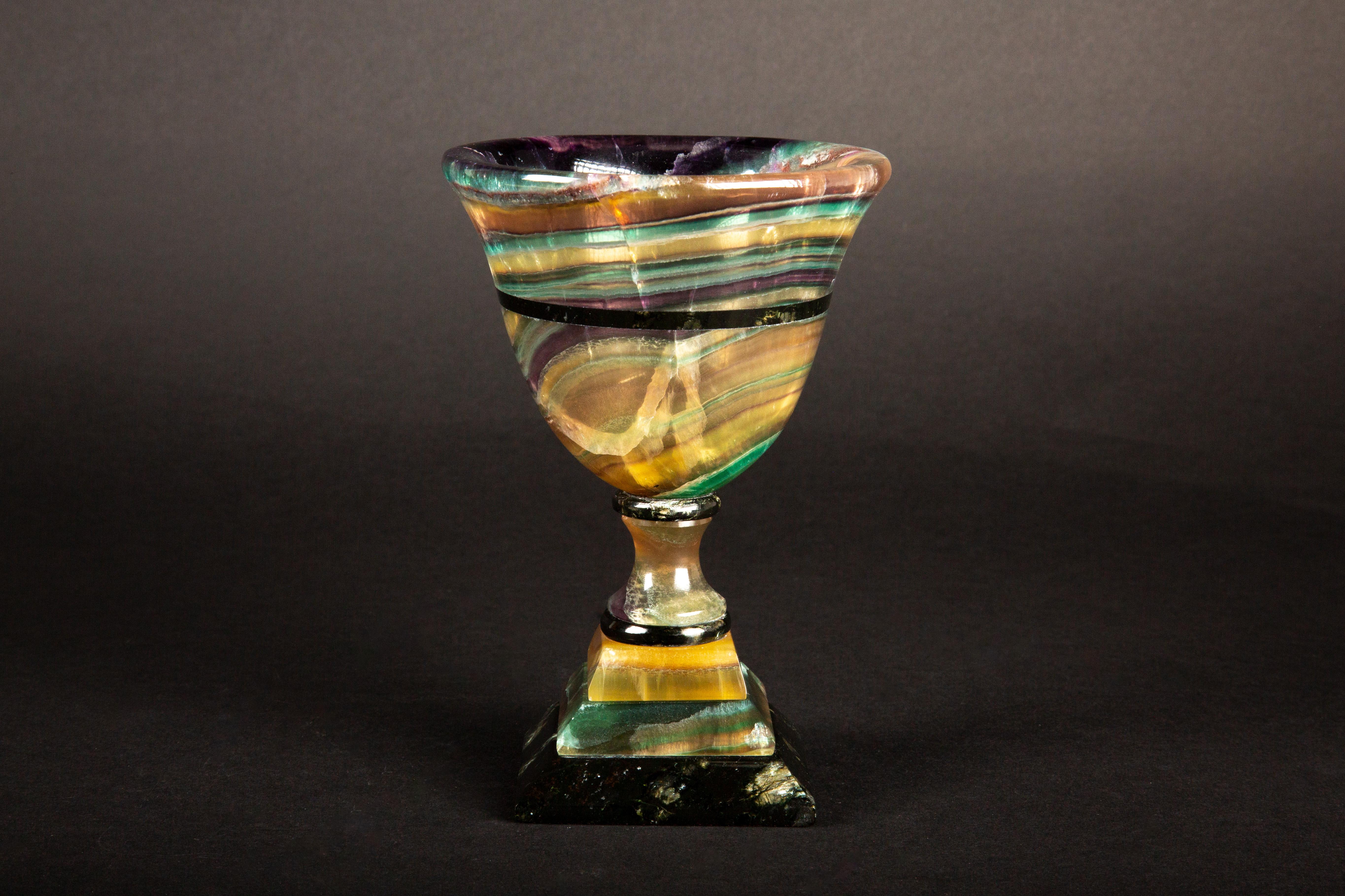 Argentine Argentinian Artistry: Hand-Carved Multi-Colored Fluorite Chalice For Sale