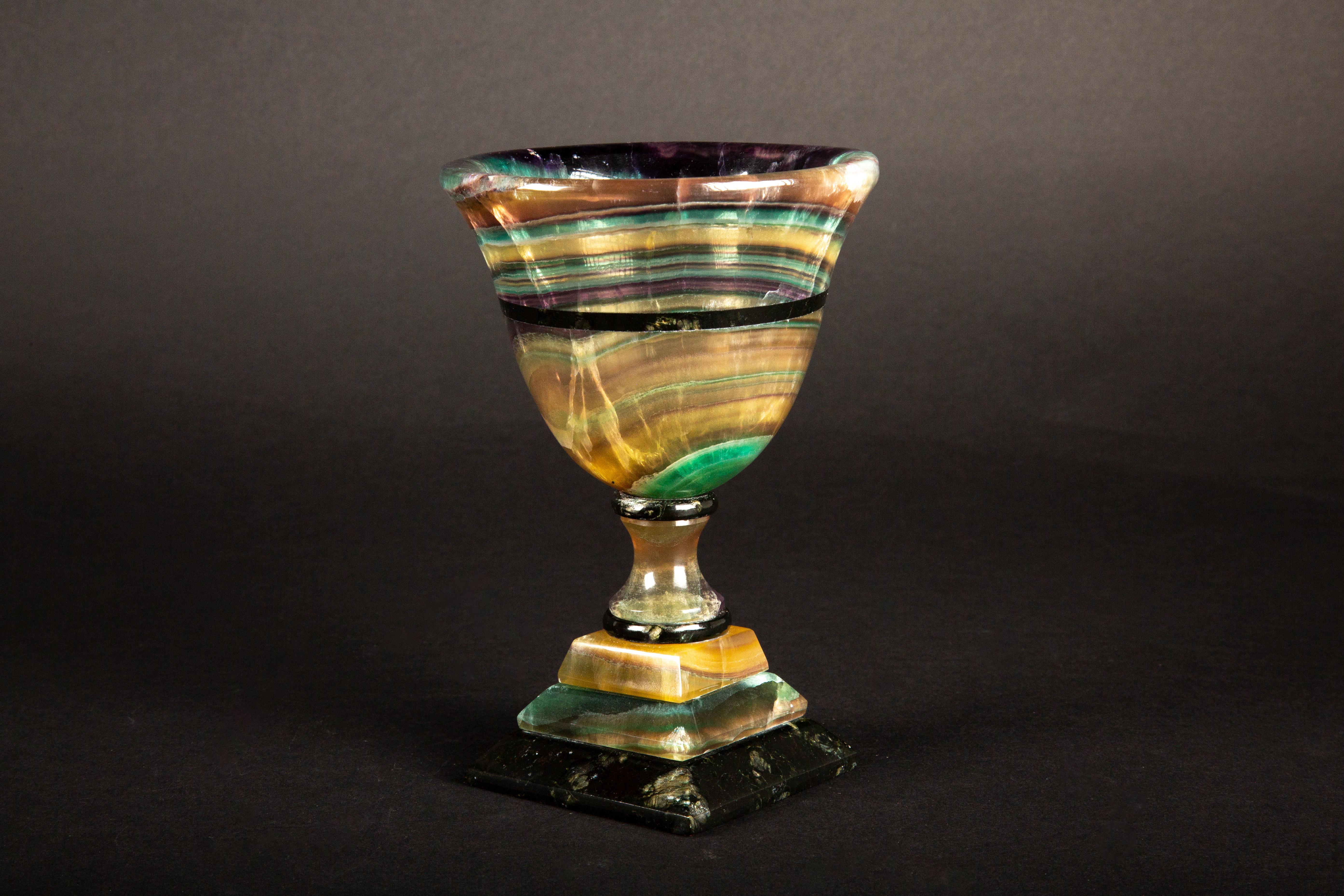 Contemporary Argentinian Artistry: Hand-Carved Multi-Colored Fluorite Chalice For Sale