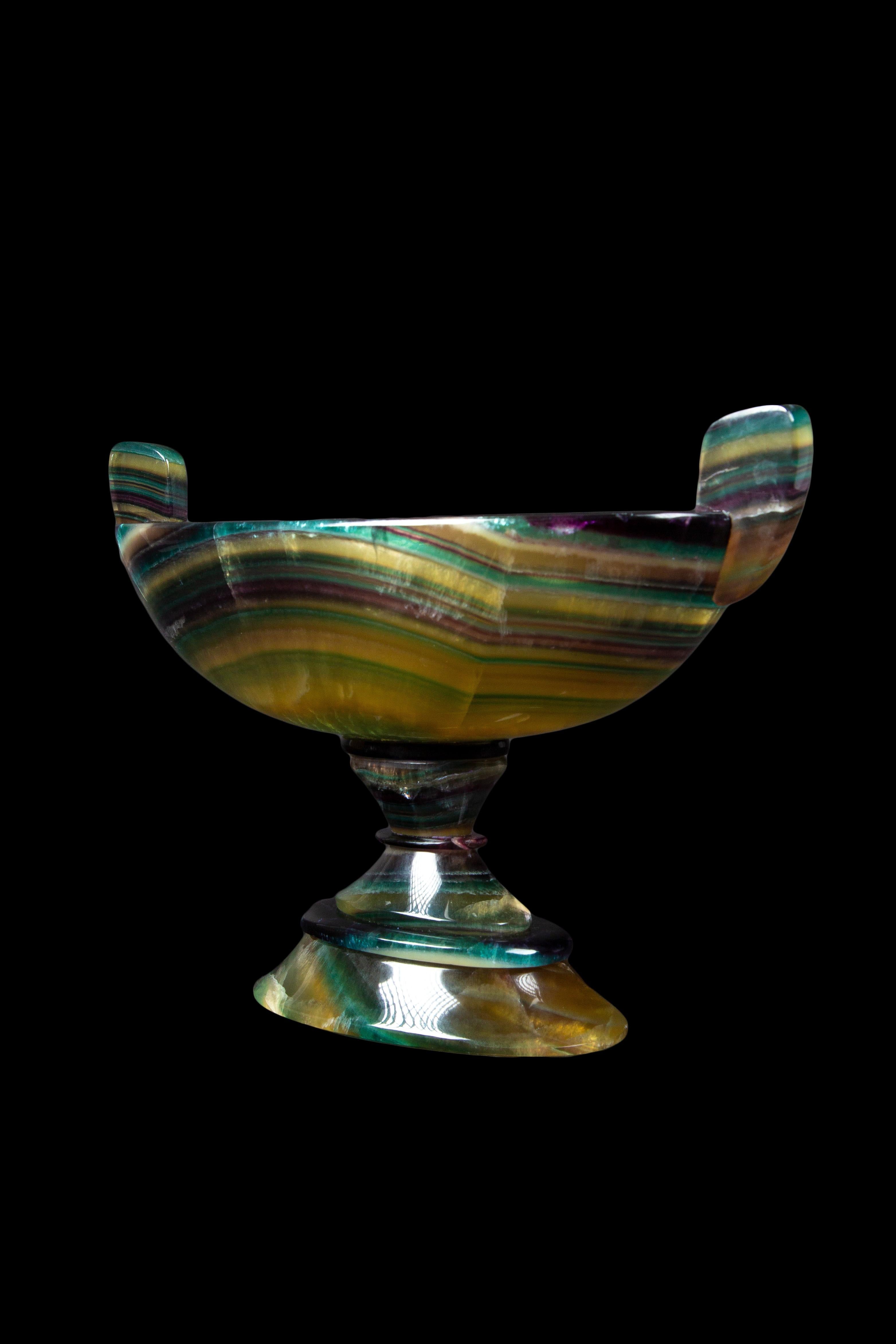 Contemporary Argentinian Artistry: Hand-Carved Natural Fluorite Vessel For Sale