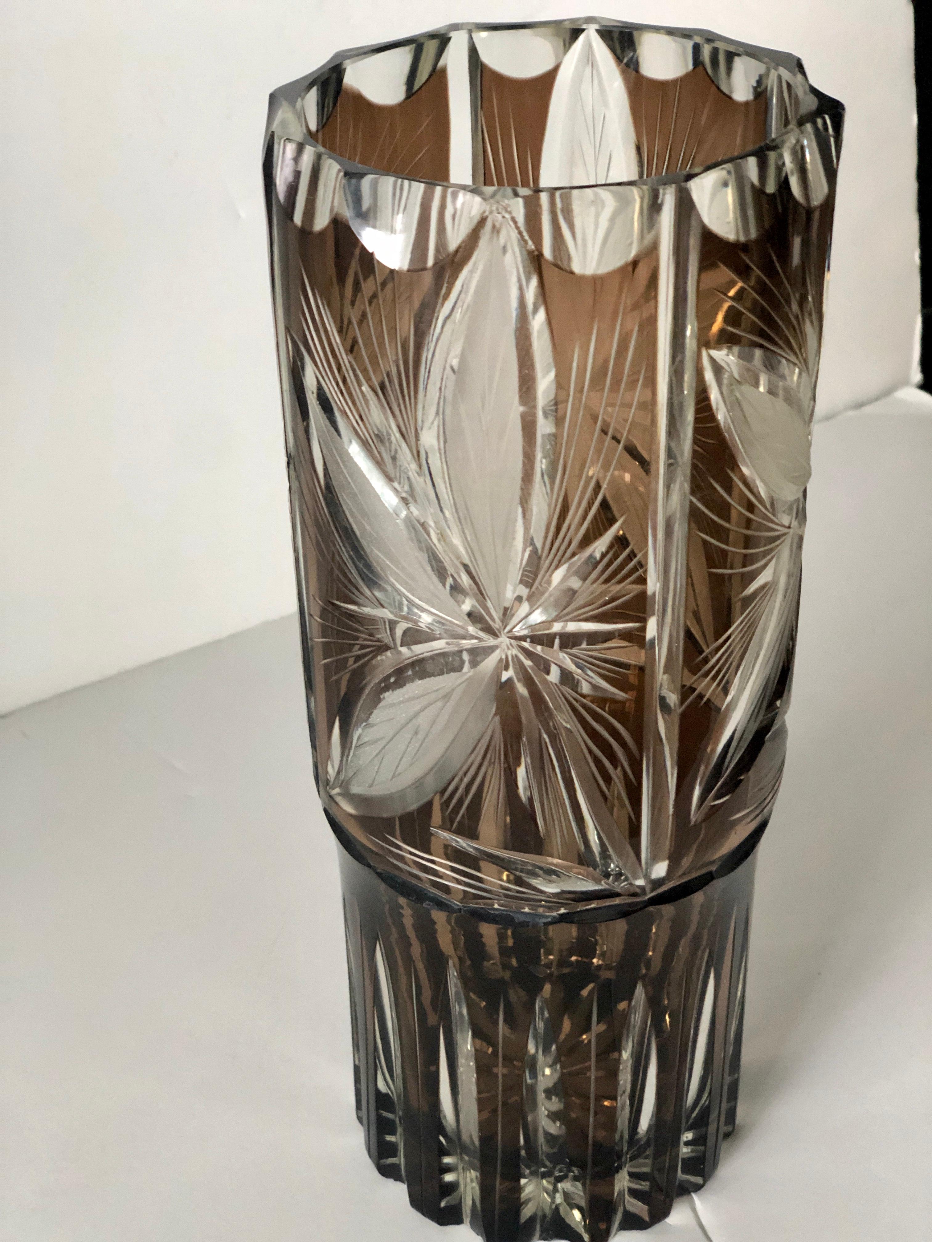 Mid-Century Modern Argentinean Cut Crystal Lily Floral Design Amber Brown & Clear Glass Flower Vase For Sale