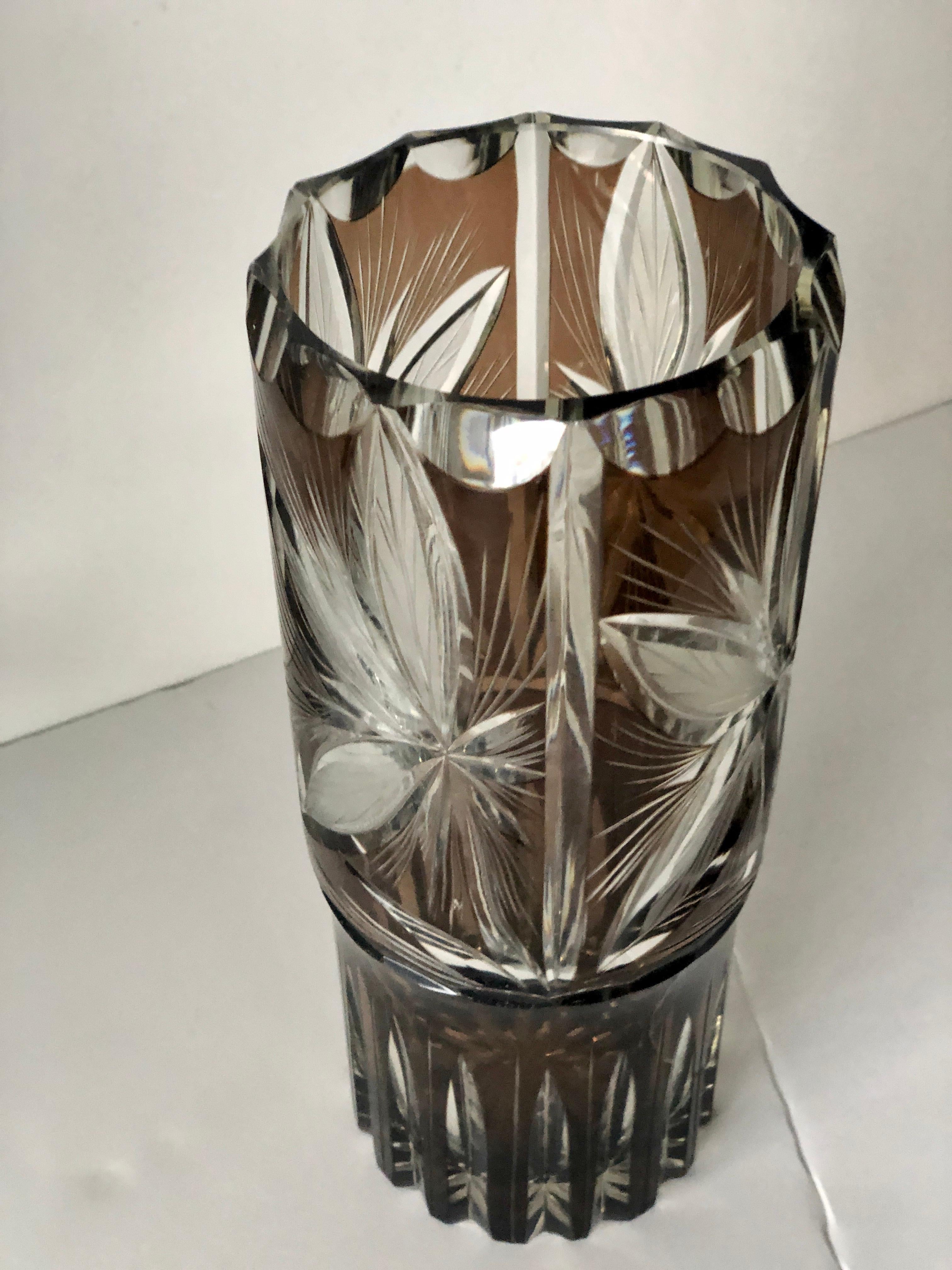 20th Century Argentinean Cut Crystal Lily Floral Design Amber Brown & Clear Glass Flower Vase For Sale