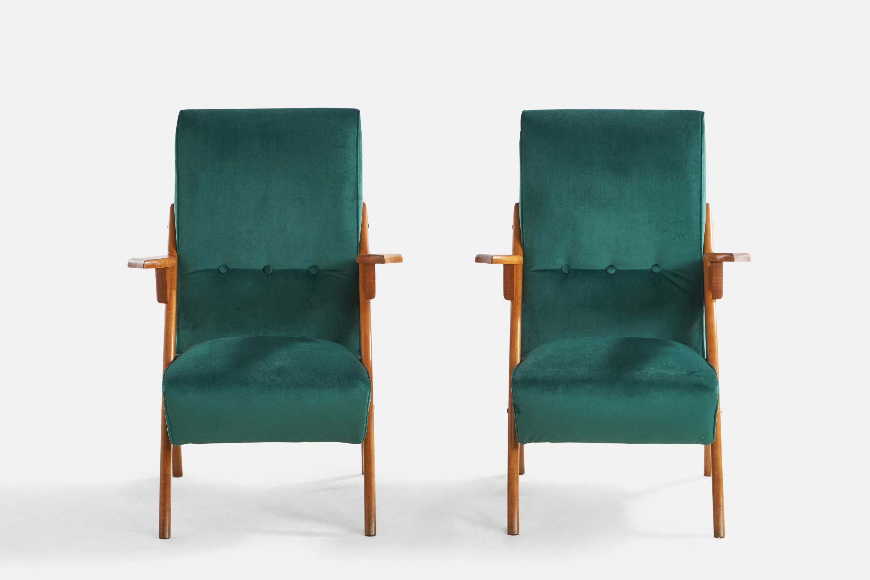 Mid-Century Modern Argentinian Designer, Lounge Chairs, Wood, Velvet, Argentina, 1950s For Sale