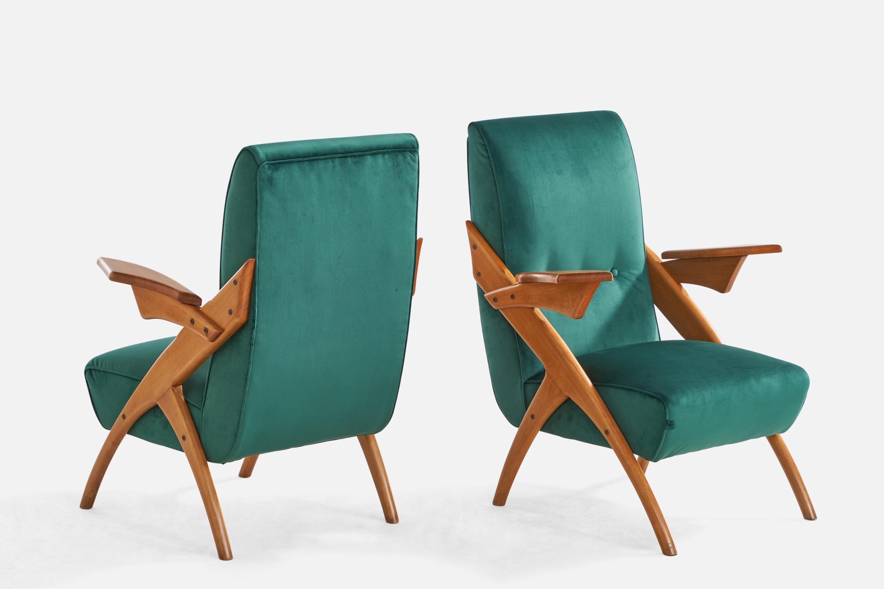 Argentine Argentinian Designer, Lounge Chairs, Wood, Velvet, Argentina, 1950s For Sale
