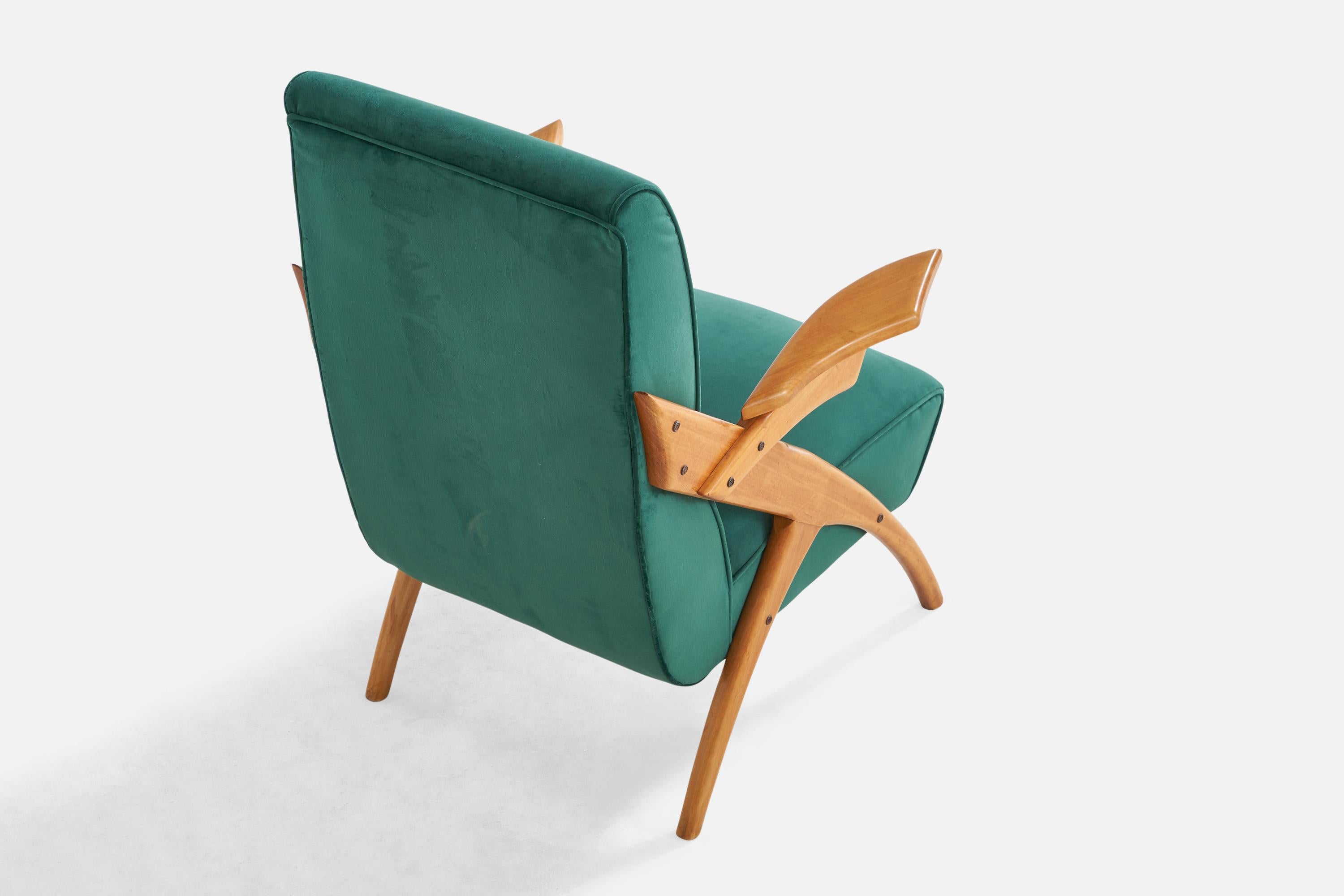 Mid-20th Century Argentinian Designer, Lounge Chairs, Wood, Velvet, Argentina, 1950s For Sale