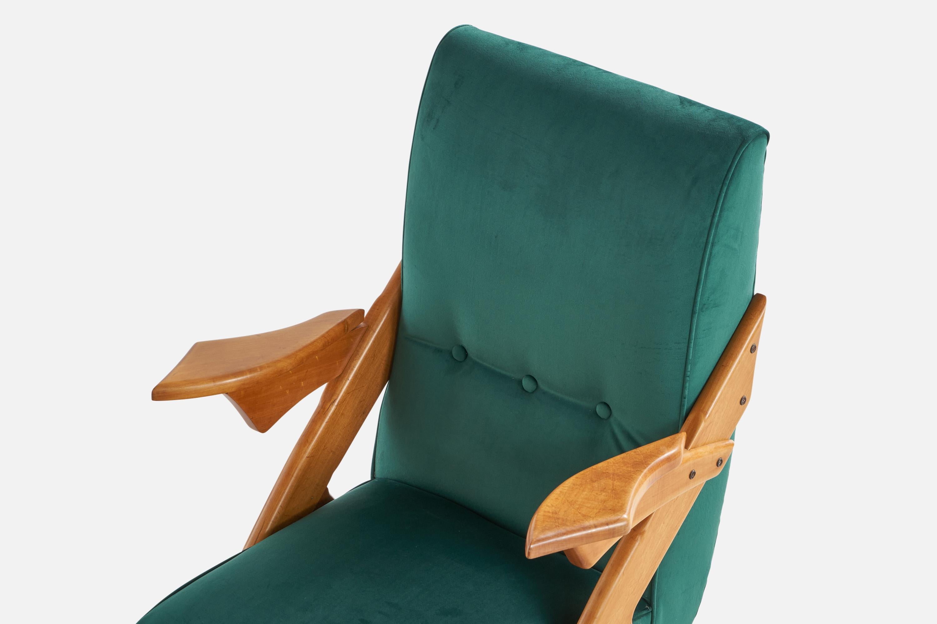 Argentinian Designer, Lounge Chairs, Wood, Velvet, Argentina, 1950s For Sale 1