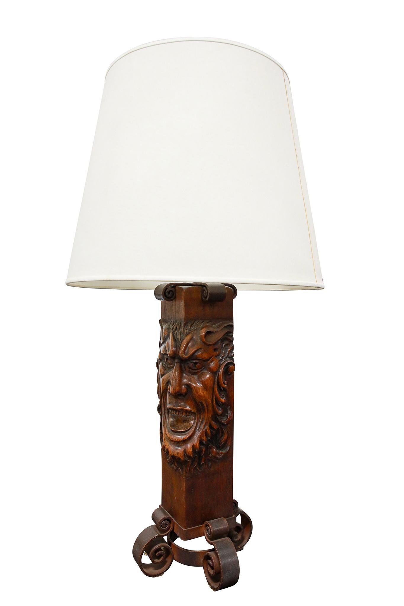 Argentino Argentinian Pair of Carved Oak & Iron Table Lamps