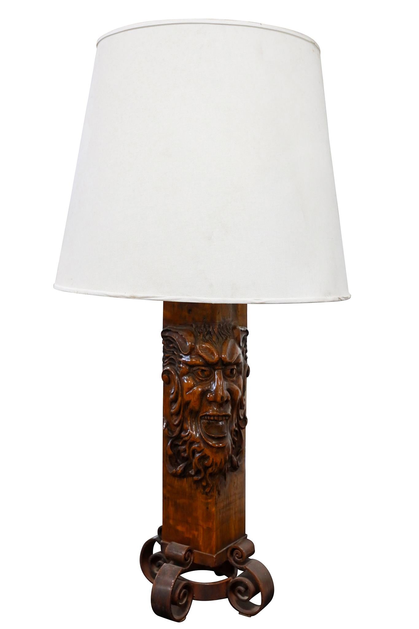 XX secolo Argentinian Pair of Carved Oak & Iron Table Lamps