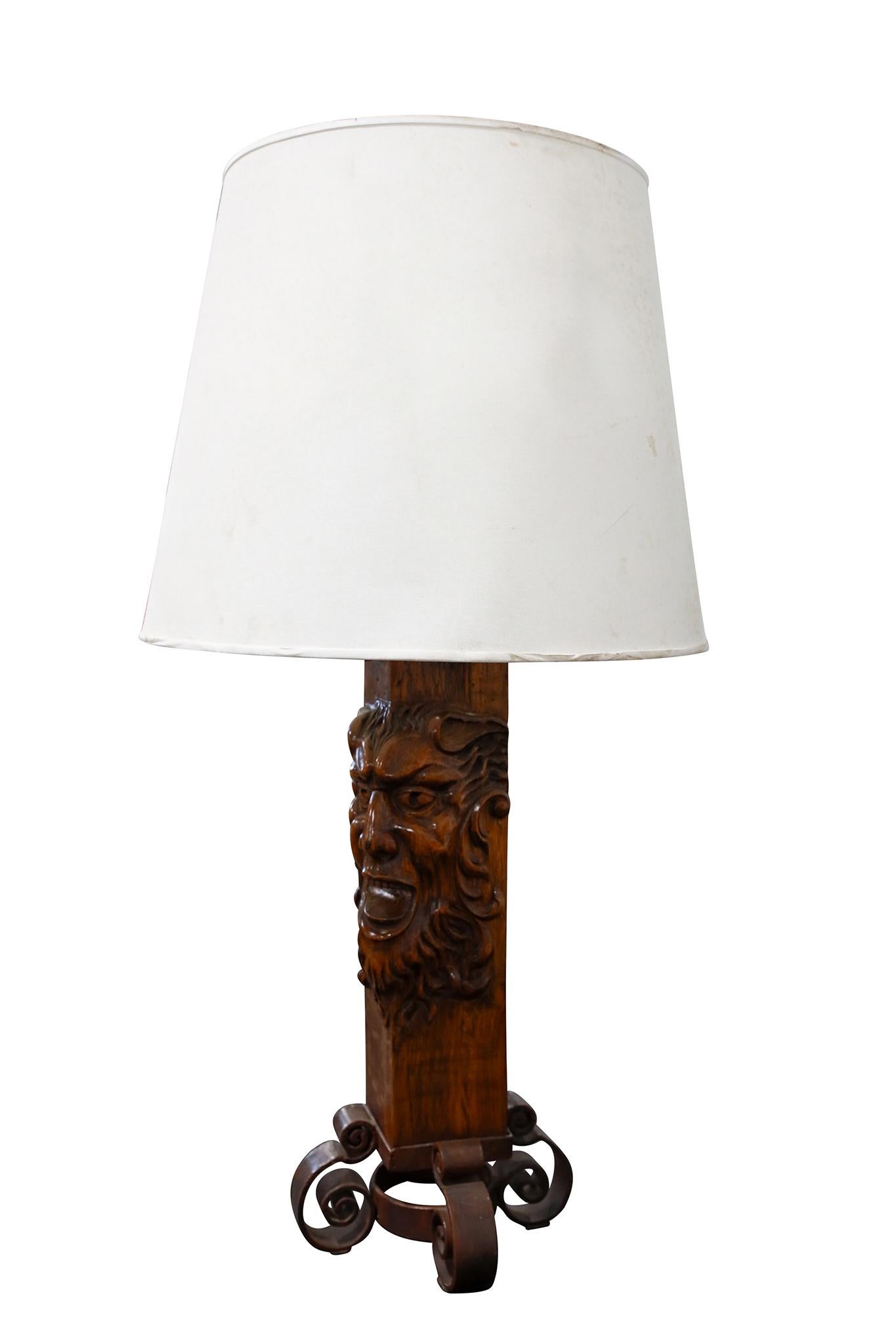 Ferro Argentinian Pair of Carved Oak & Iron Table Lamps