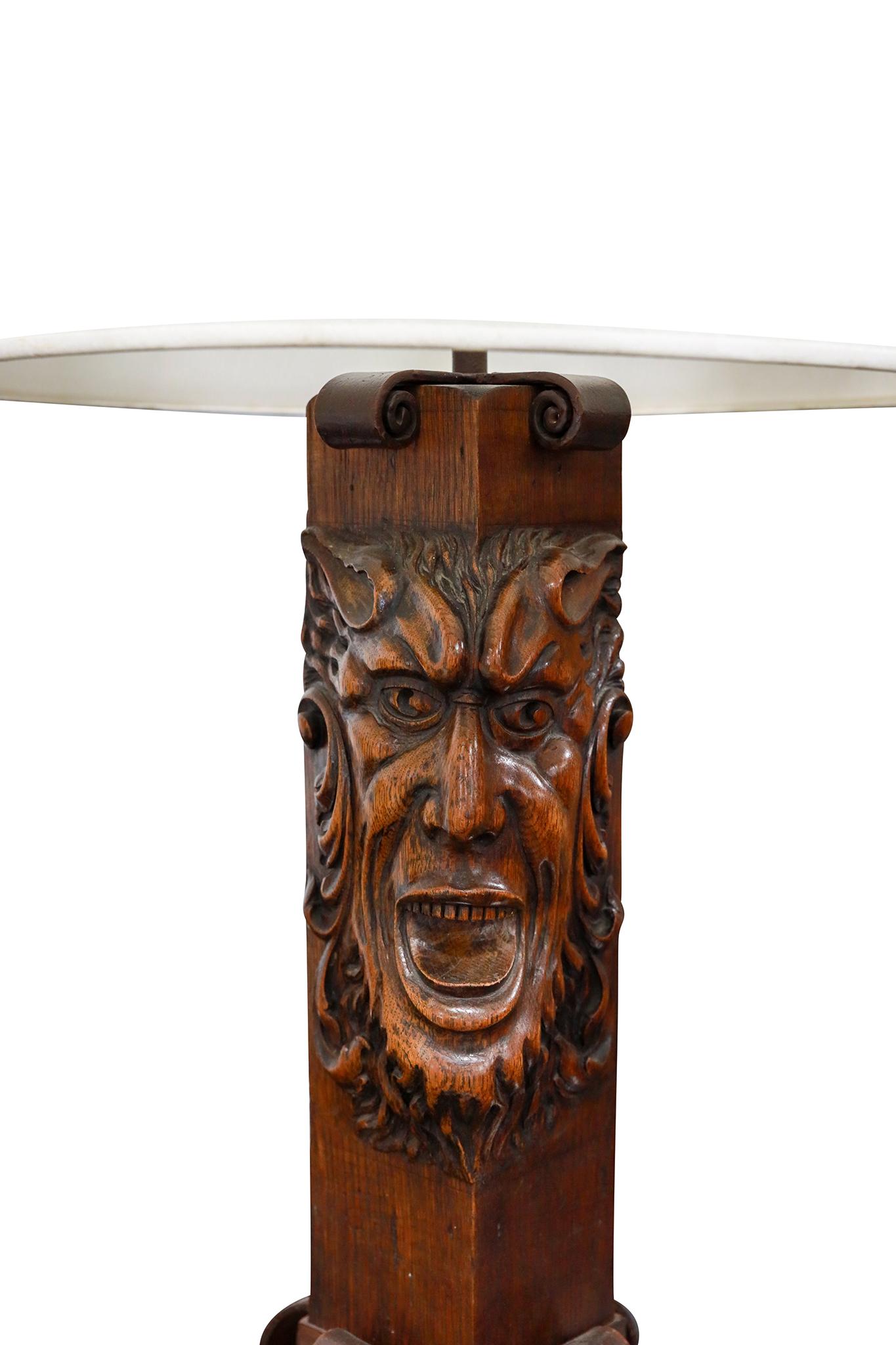 Argentinian Pair of Carved Oak & Iron Table Lamps 1
