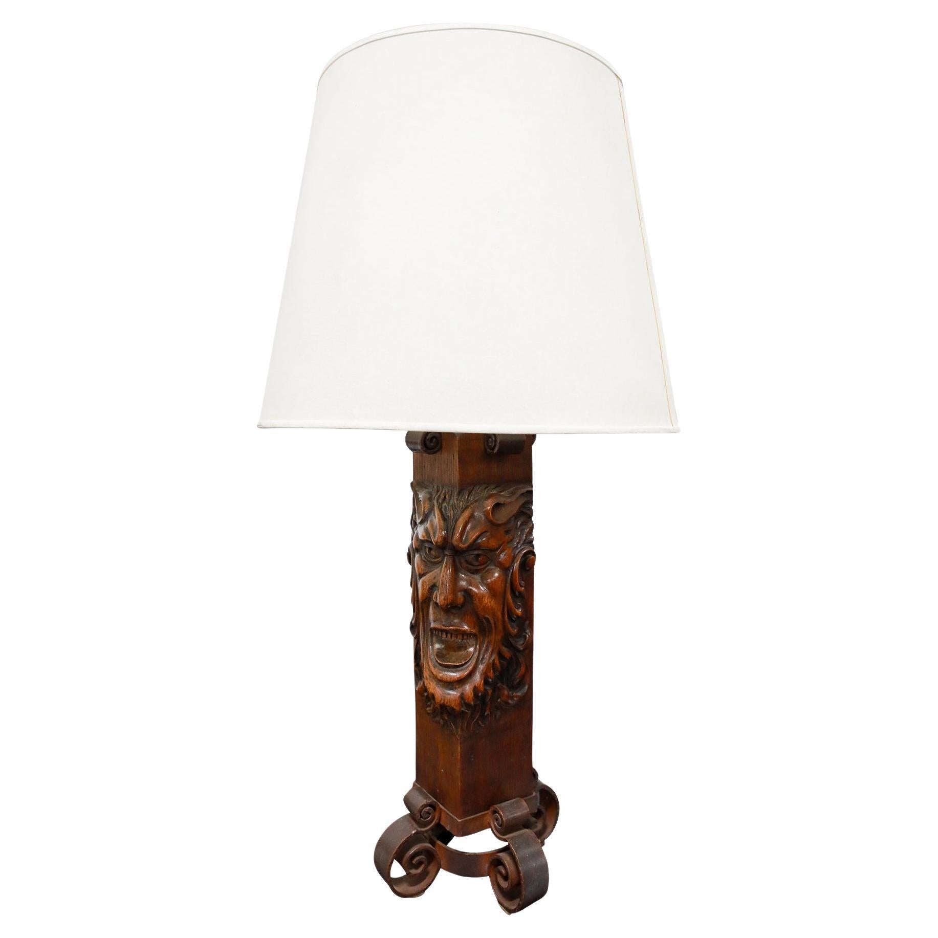 Argentinian Pair of Carved Oak & Iron Table Lamps