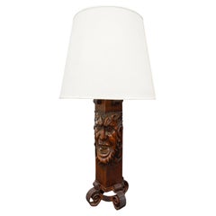 Argentinian Pair of Carved Oak & Iron Table Lamps