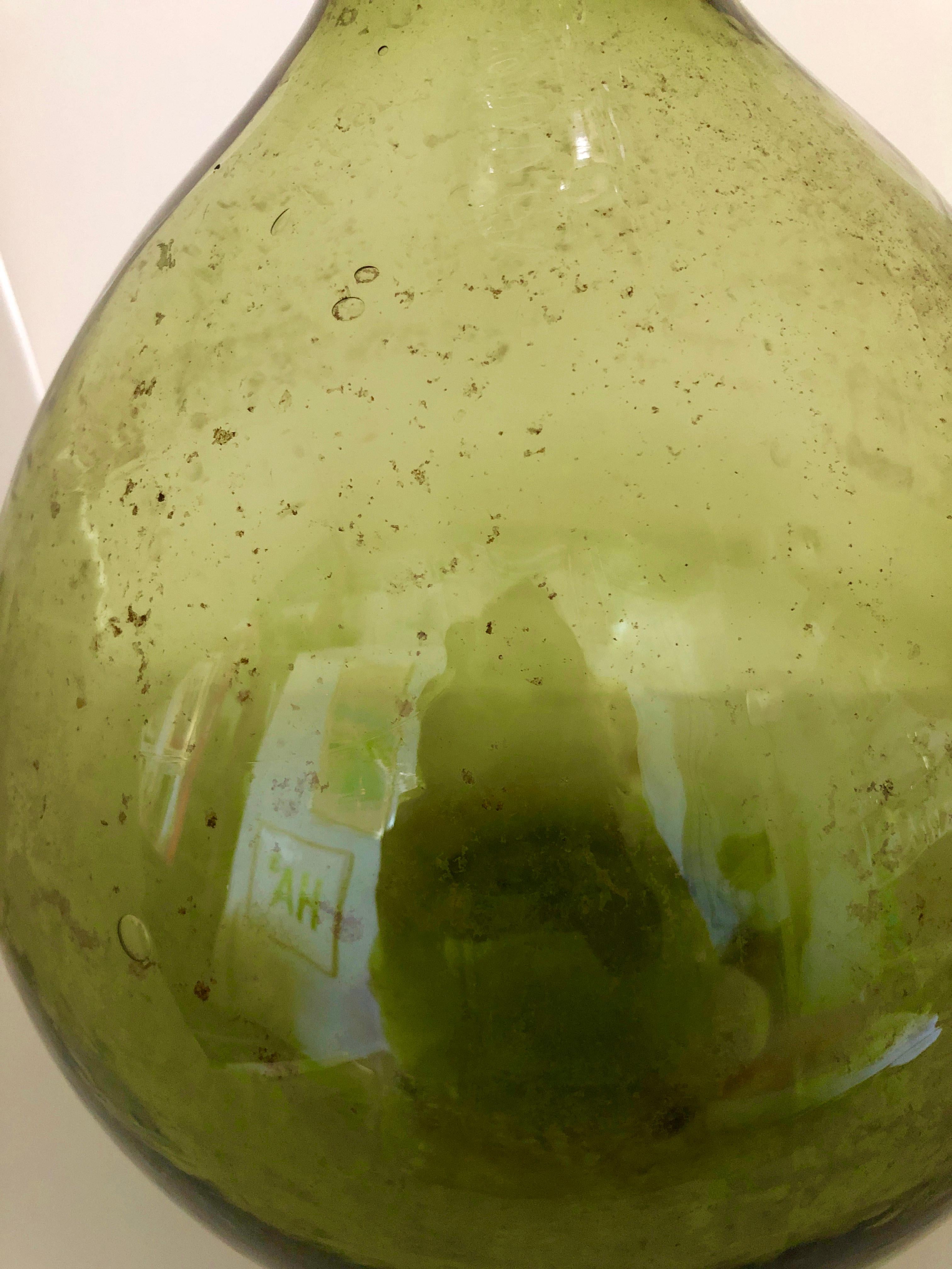 20th Century Argentinian Peridot Green Demijohn Optical Glass Wine Jug