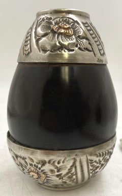 Argentinian Silver and 18K Gold Inlaid Mate Cup with Straw