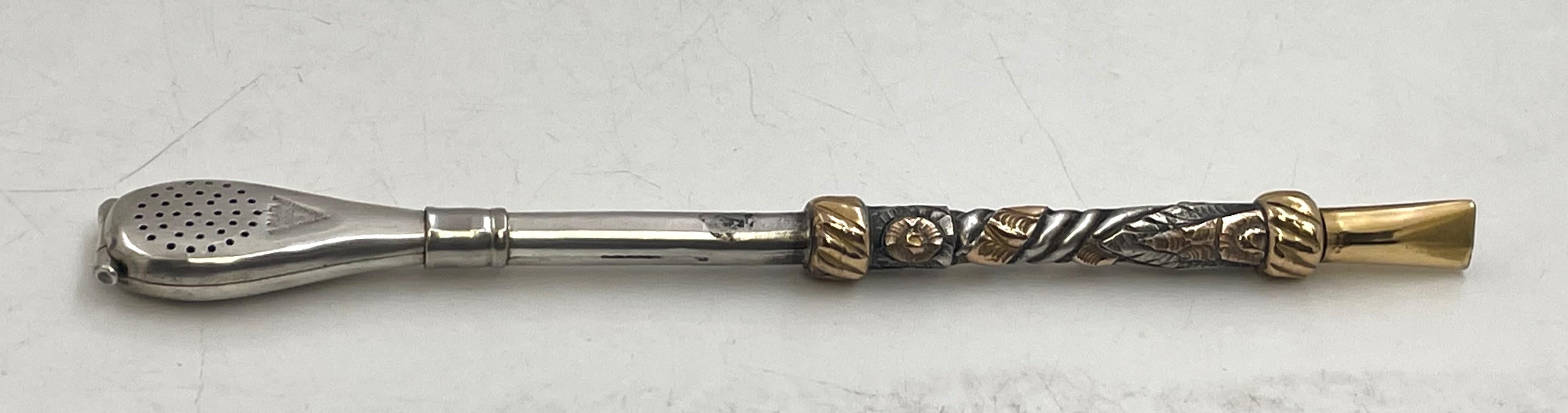 Argentinian Silver and 18K Gold Inlaid Mate Cup with Straw For Sale 3
