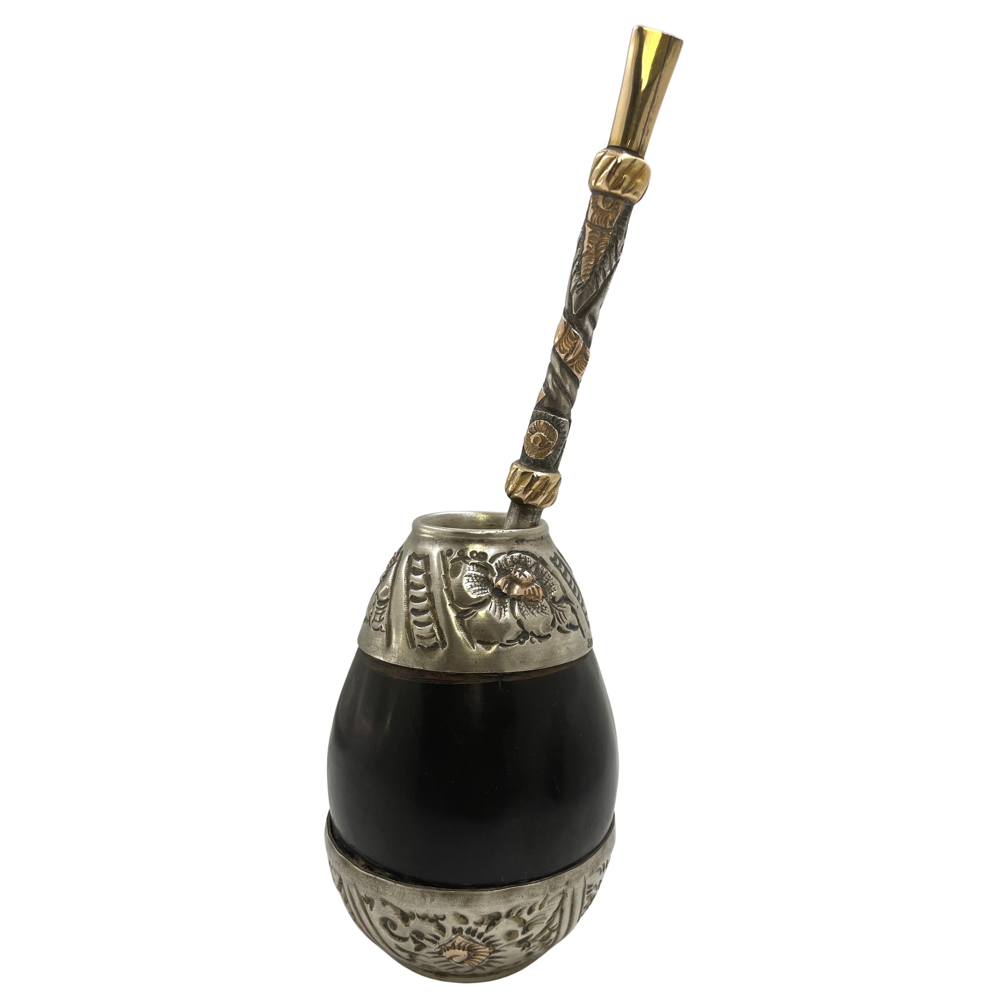 Argentinian Silver and 18K Gold Inlaid Mate Cup with Straw For Sale