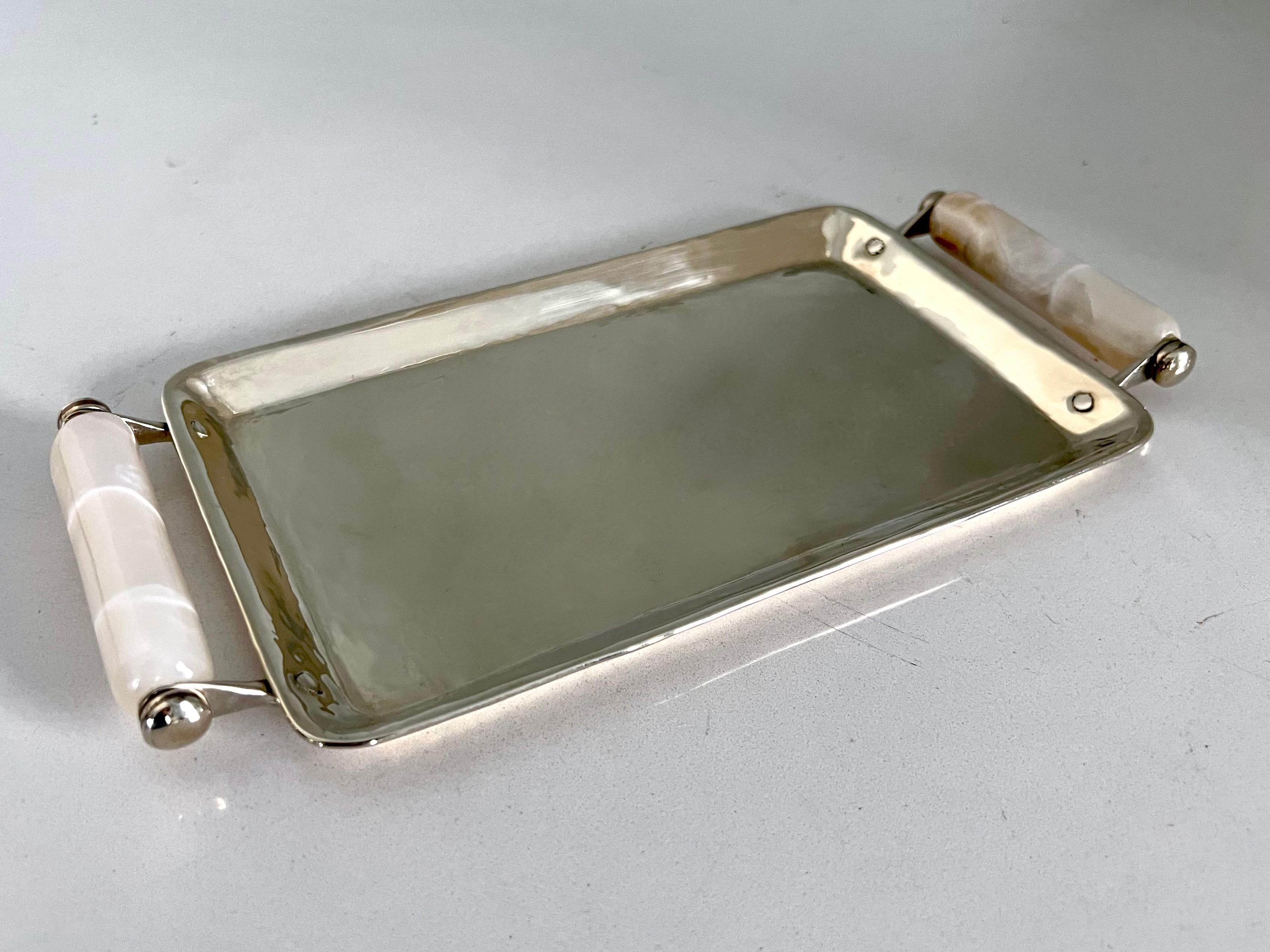 Modern Argentinian Silver Plate Tray with Onyx Handles For Sale