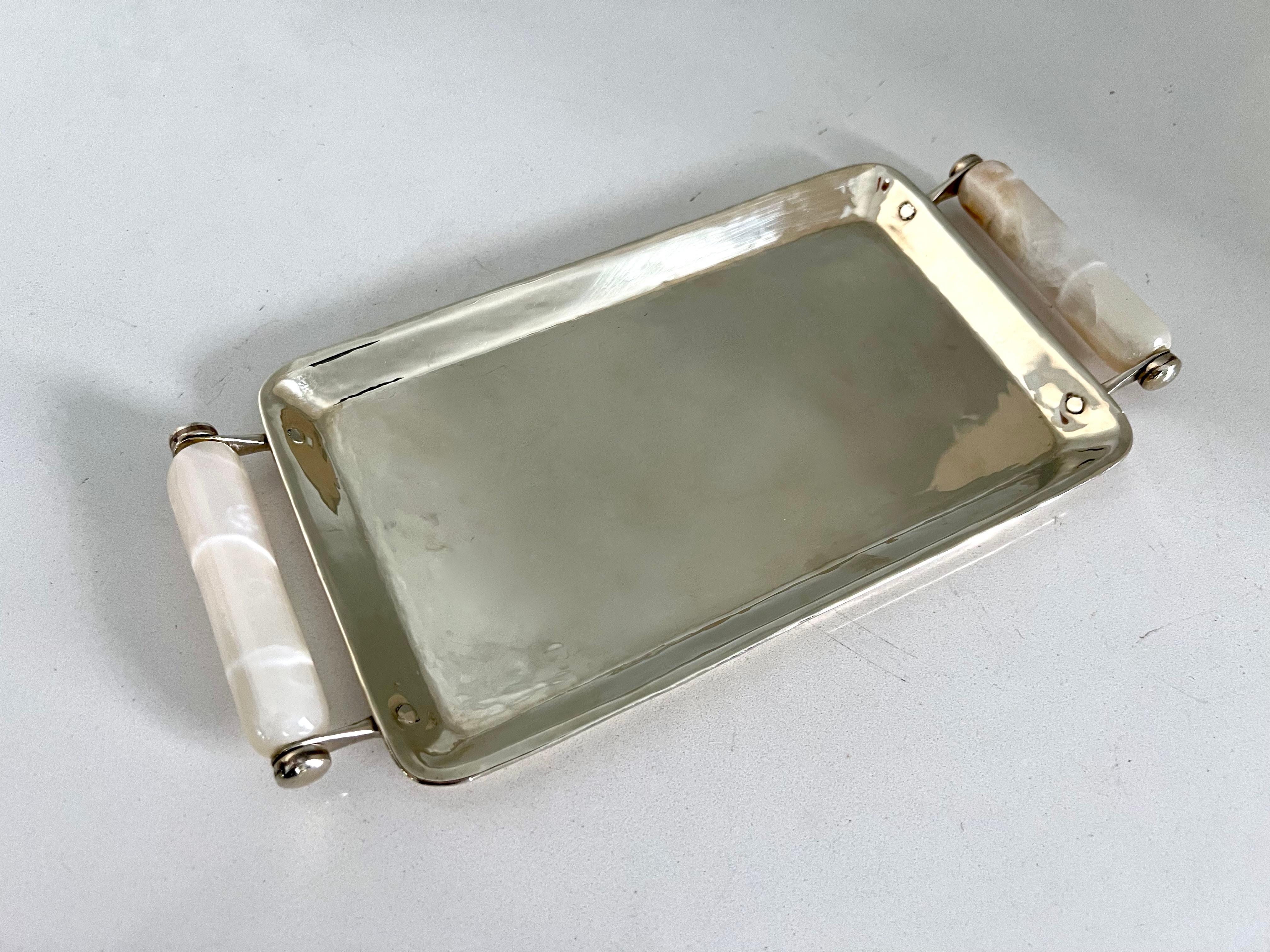 Argentine Argentinian Silver Plate Tray with Onyx Handles For Sale