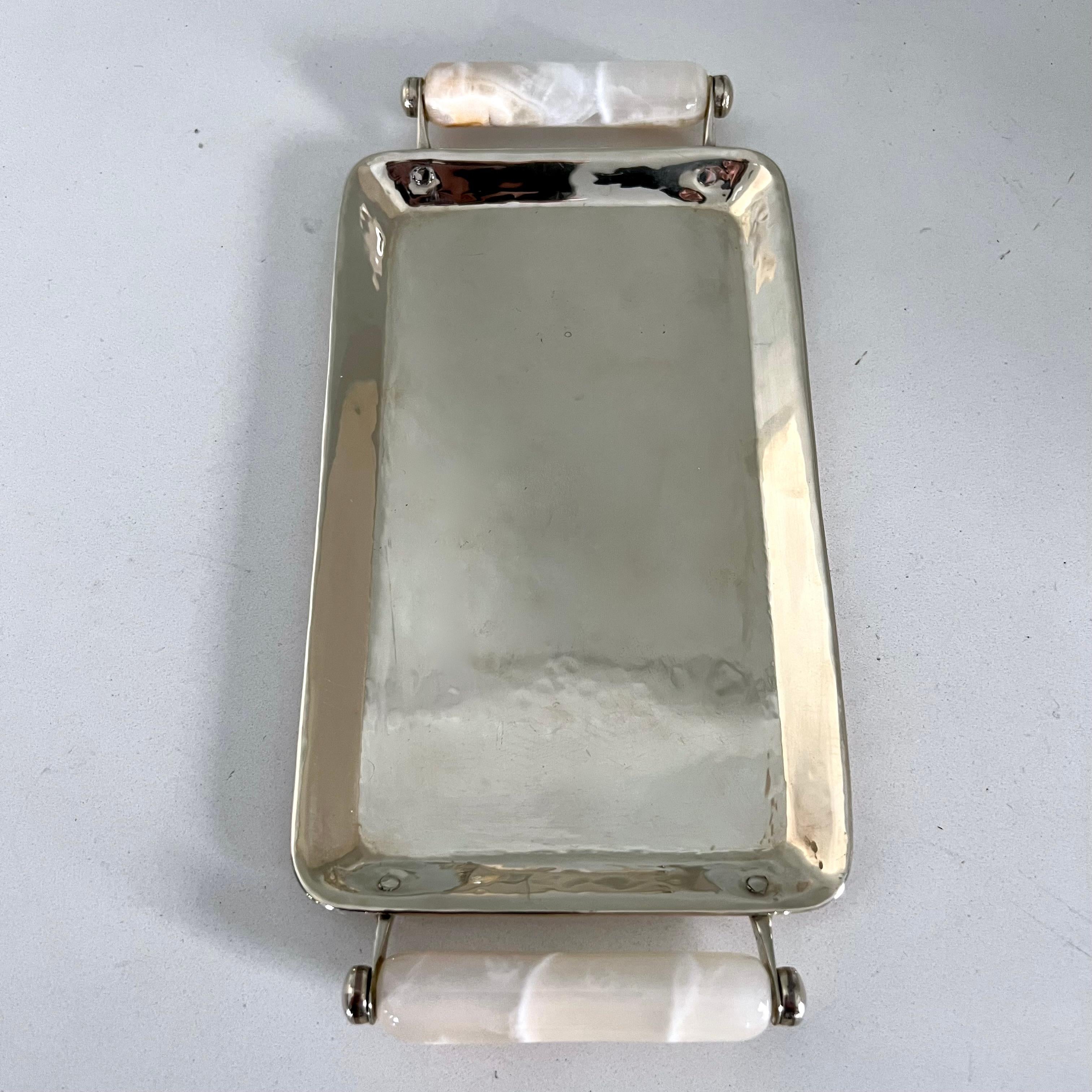 Polished Argentinian Silver Plate Tray with Onyx Handles