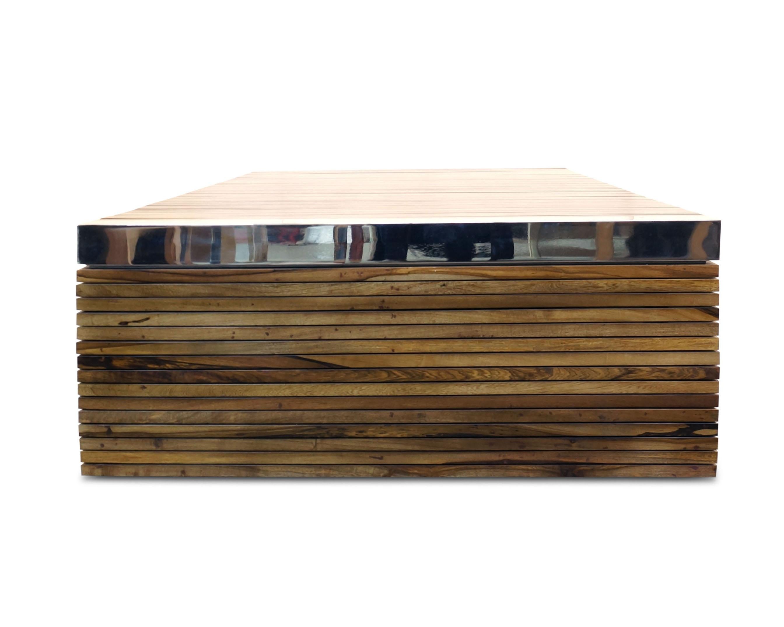 Argilla Coffee Table with Exotic Wood Slats and Nickel-Plated Details, In Stock

This particular table measures 36
