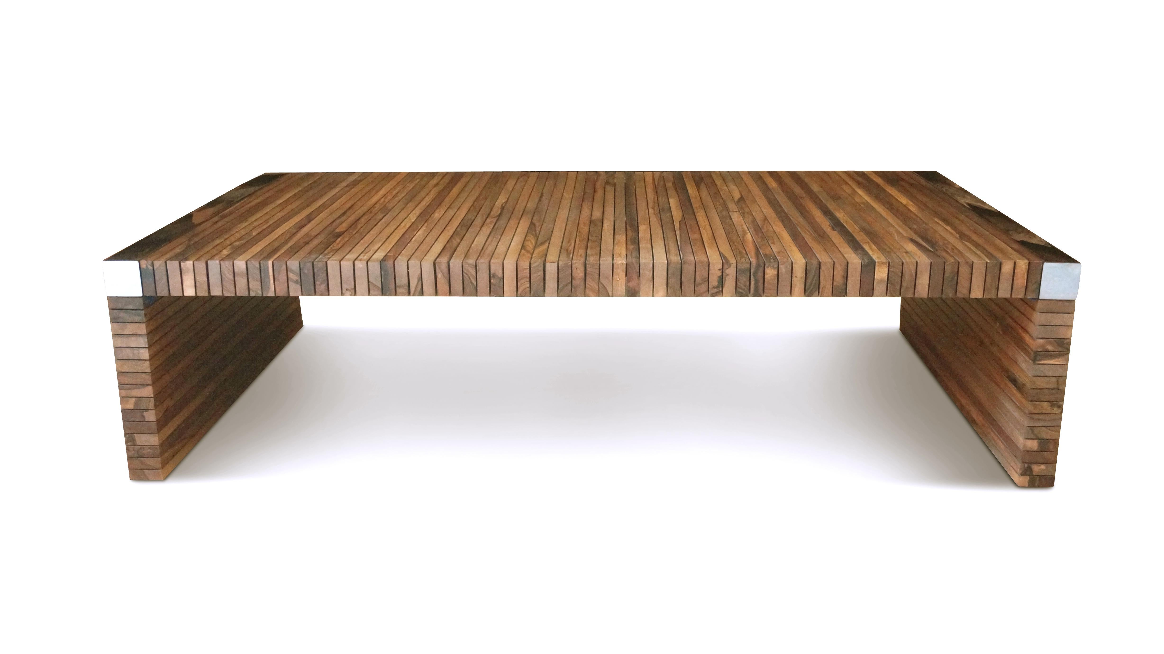 Polished Coffee Table with Exotic Wood Slats and Nickel-Plated Details, Argilla, In Stock For Sale