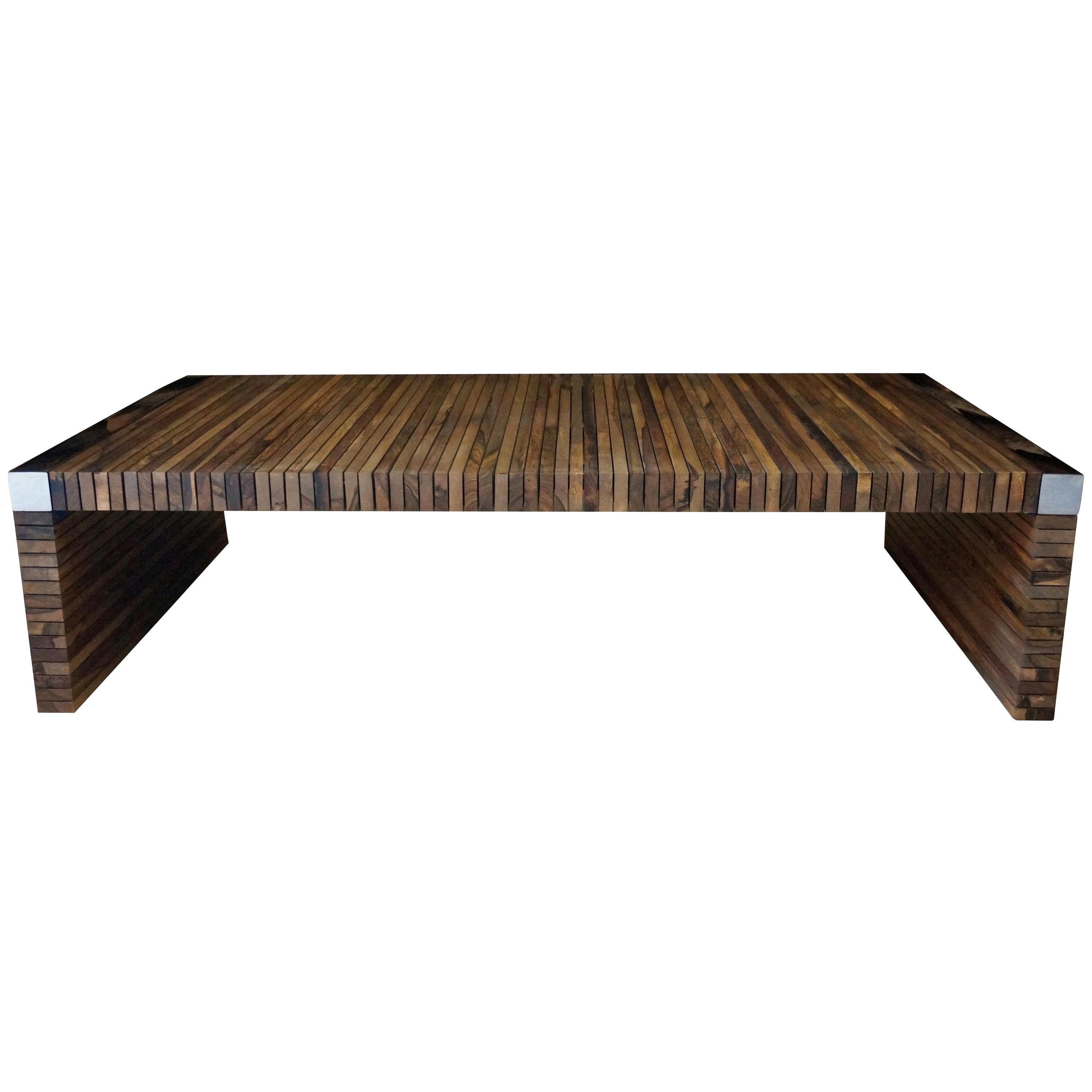 Coffee Table with Exotic Wood Slats and Nickel-Plated Details, Argilla For Sale