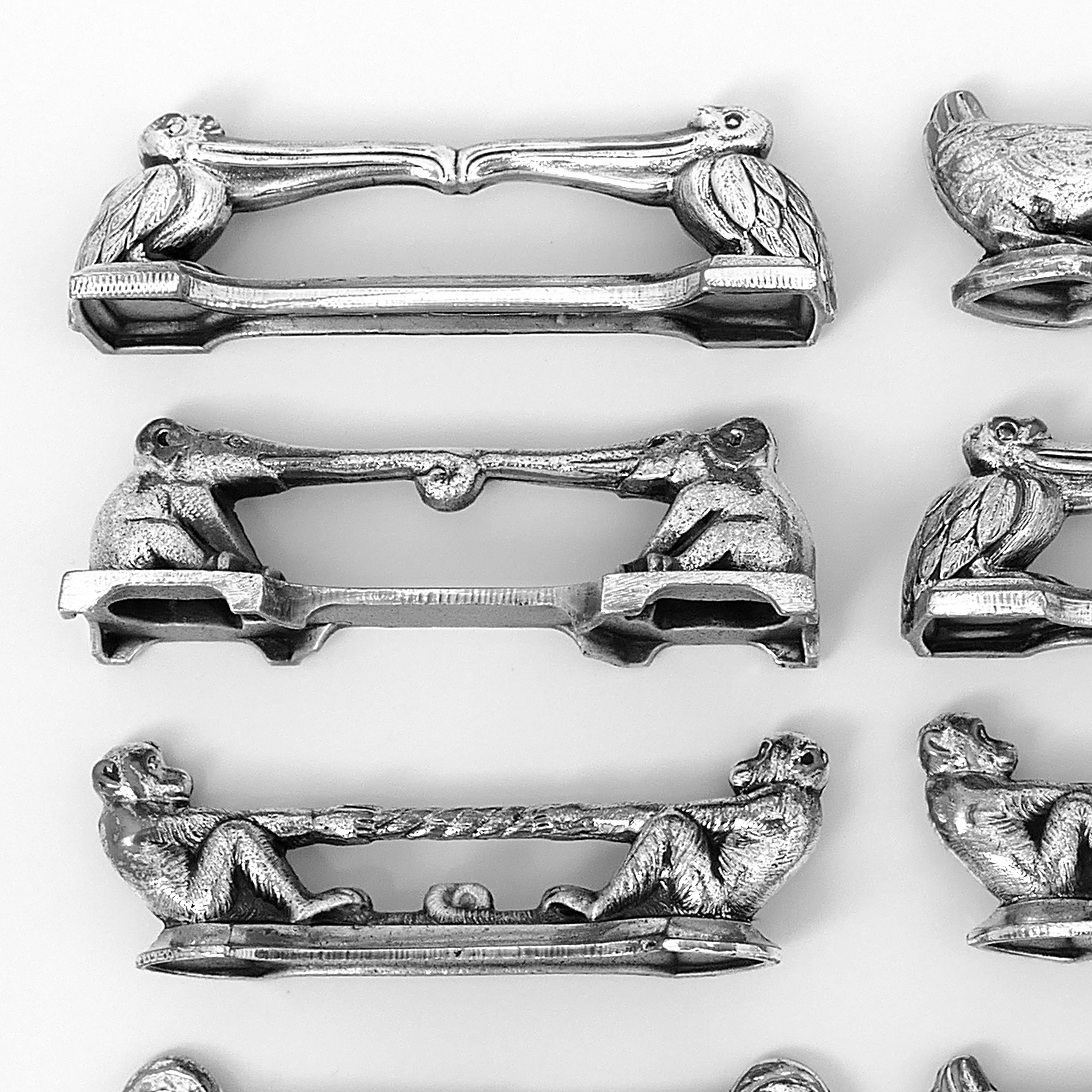 Early 20th Century Argit French Silver Art Deco Knife Rests Set 12 Pc, Animals, Original Box For Sale