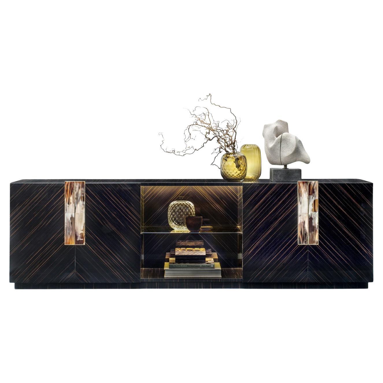 Argo Cabinet in Glossy Ebony, Horn, Glass & 24K Gold-Plated Brass by Arcahorn For Sale
