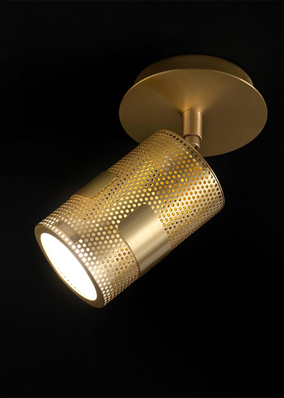 Decorative spot light with central body made of brass mesh and solid brass details. Adjustable. Available in the ceiling, wall and suspension version.