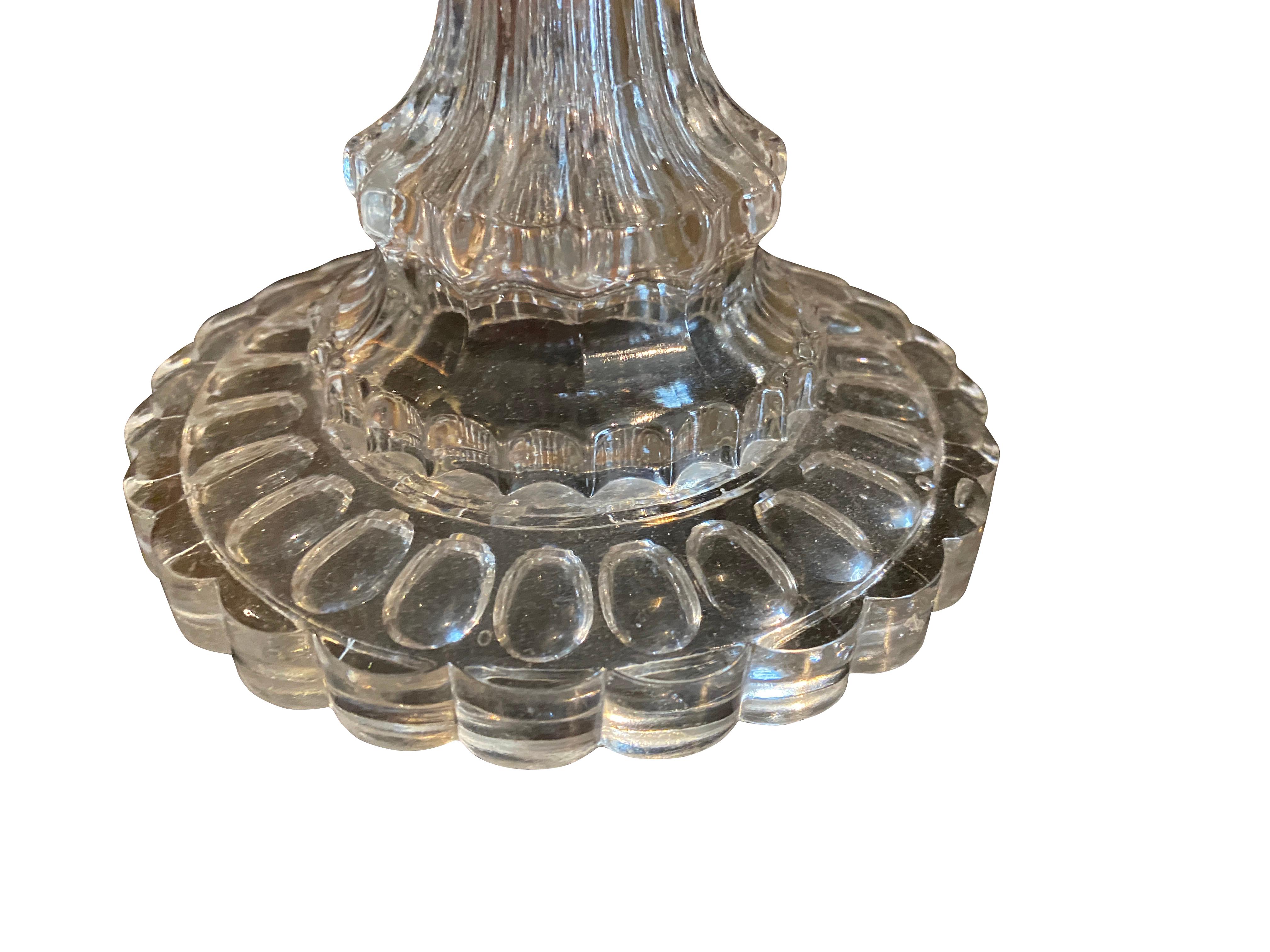Argus pattern or thumbprint glass compote by Bakewell & Pears & Company of Pittsburgh, Pennsylvania circa 1860. The colorless lead glass compote features a 32-scallop rim above seven rows of thumbprints. The rims of the cover and bowl bit seamlessly