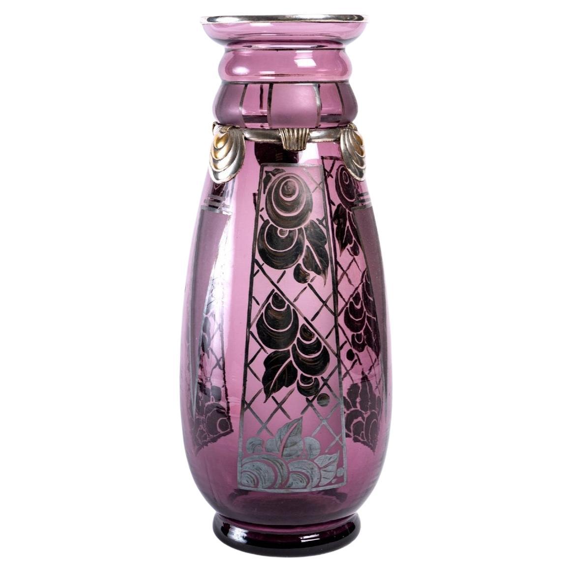 Argyl Vase, Purple Glass and Silver Metal, Period: Art Deco, 20th Century For Sale