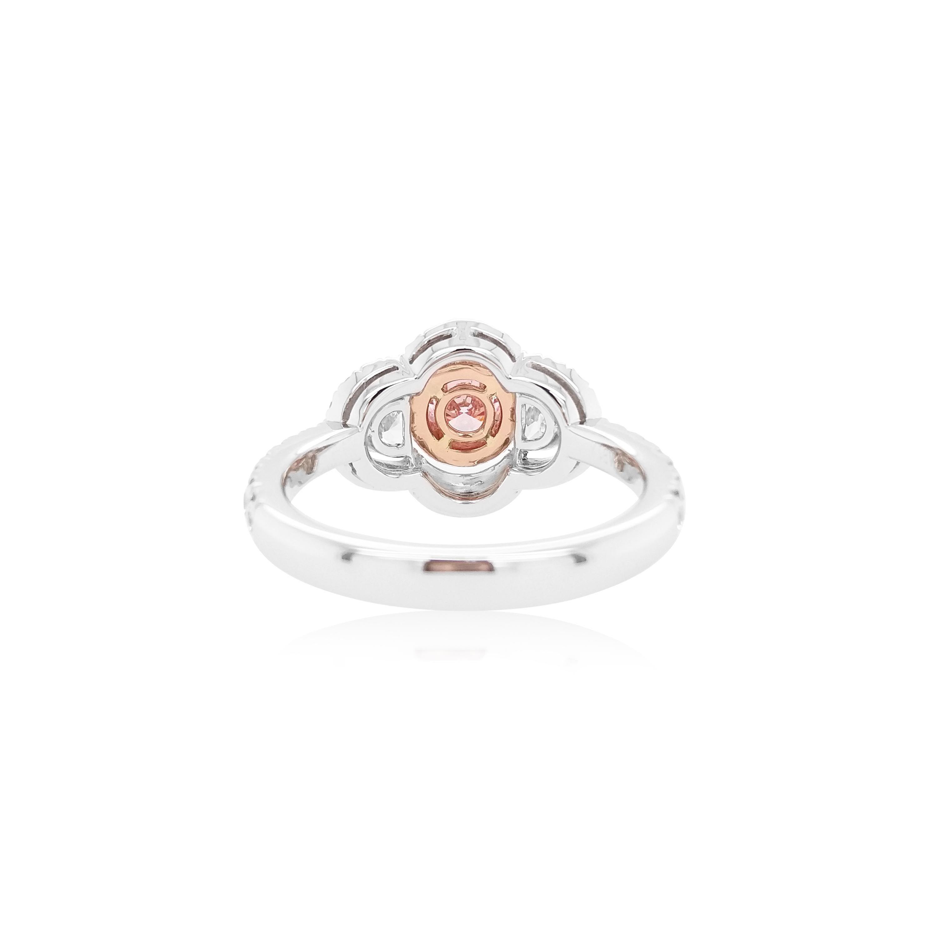 Un anillo exquisito con un raro Diamante Rosa Natural de origen ético procedente de la famosa mina Argyle de Australia, certificado por su excepcional calidad. Acentuada con brillantes diamantes blancos y elaborada en lujoso oro de 18 quilates, esta