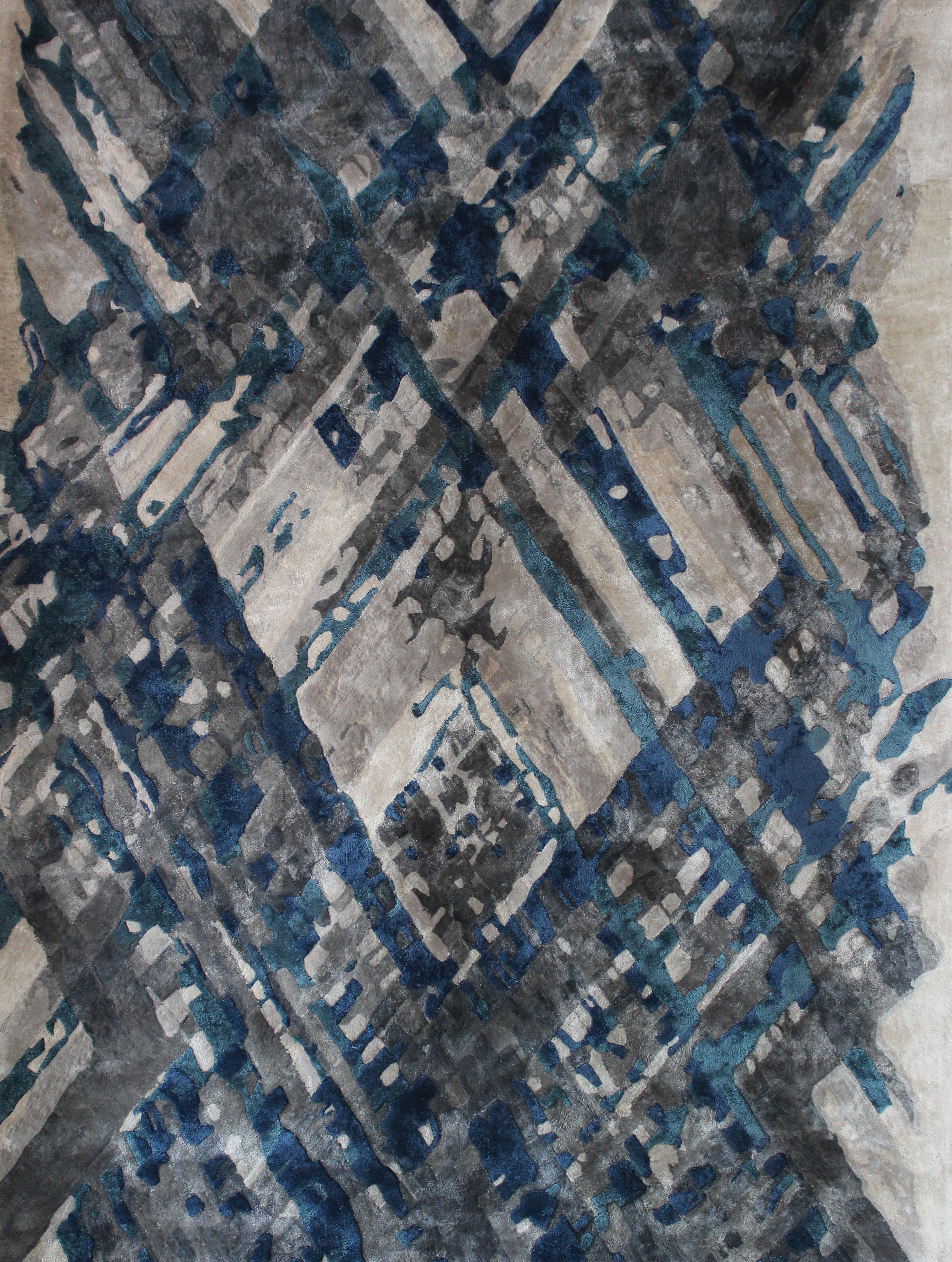 Modern ARGYLE Hand Tufted Contemporary Silk Rug in Blue, Gold & Rust Colours by Hands For Sale