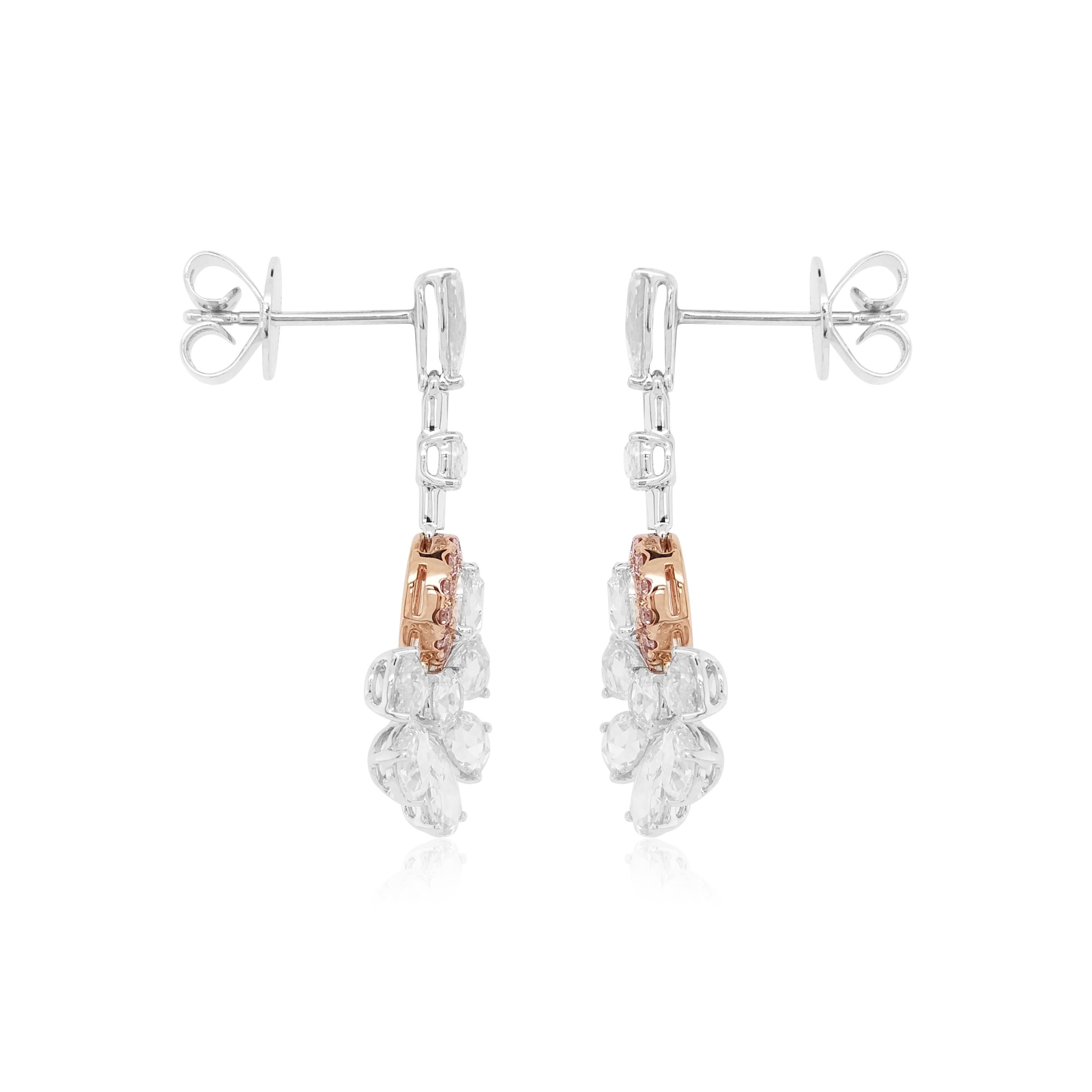 Contemporary Argyle Pink Diamond Rose Cut White Diamond 18K Gold Drop Earrings