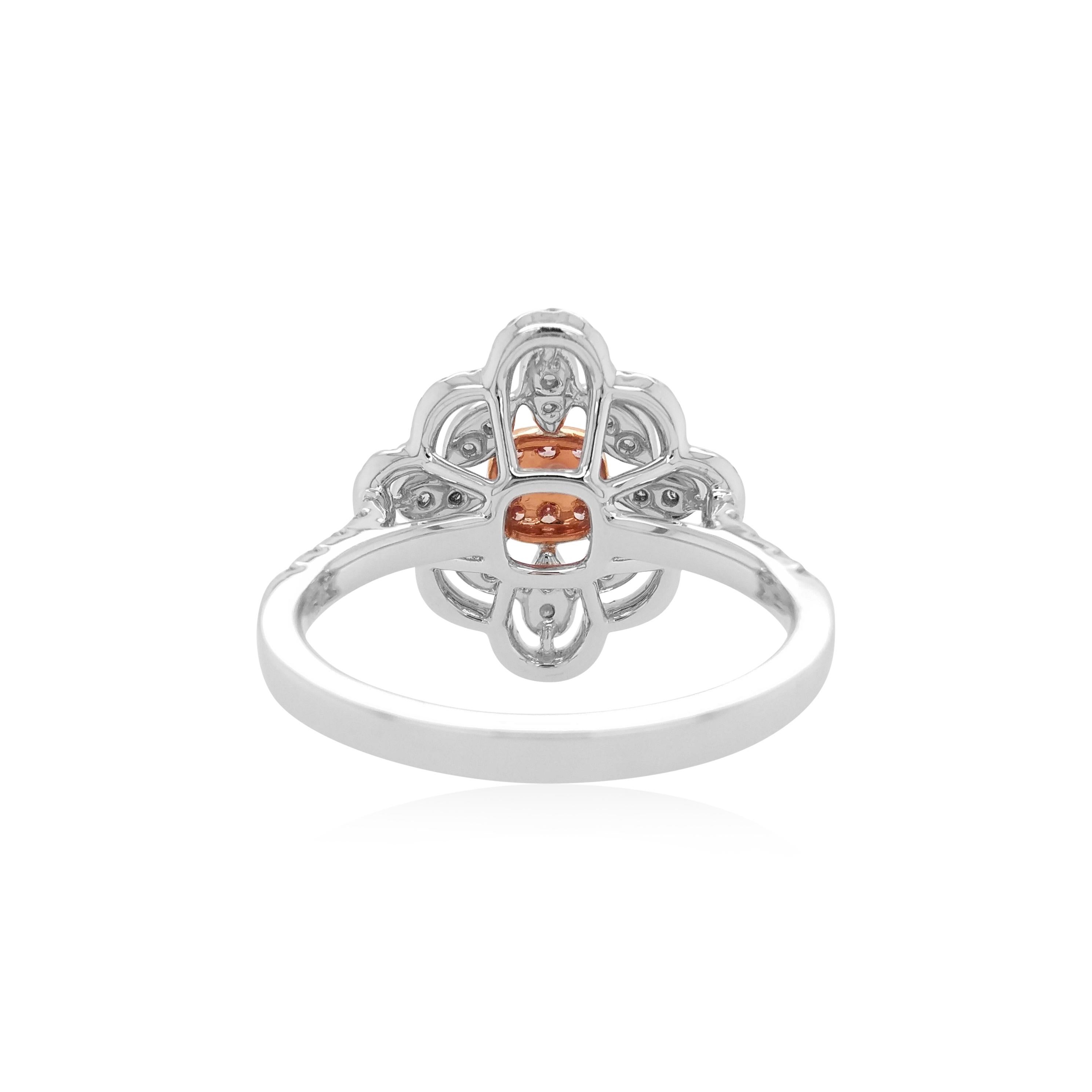 This exclusive cocktail ring features luscious natural Argyle pink diamonds at the heart of the design, by framing an ornate arrangement of white diamonds set in platinum. Bold and striking this unique ring is the perfect statement piece. Each