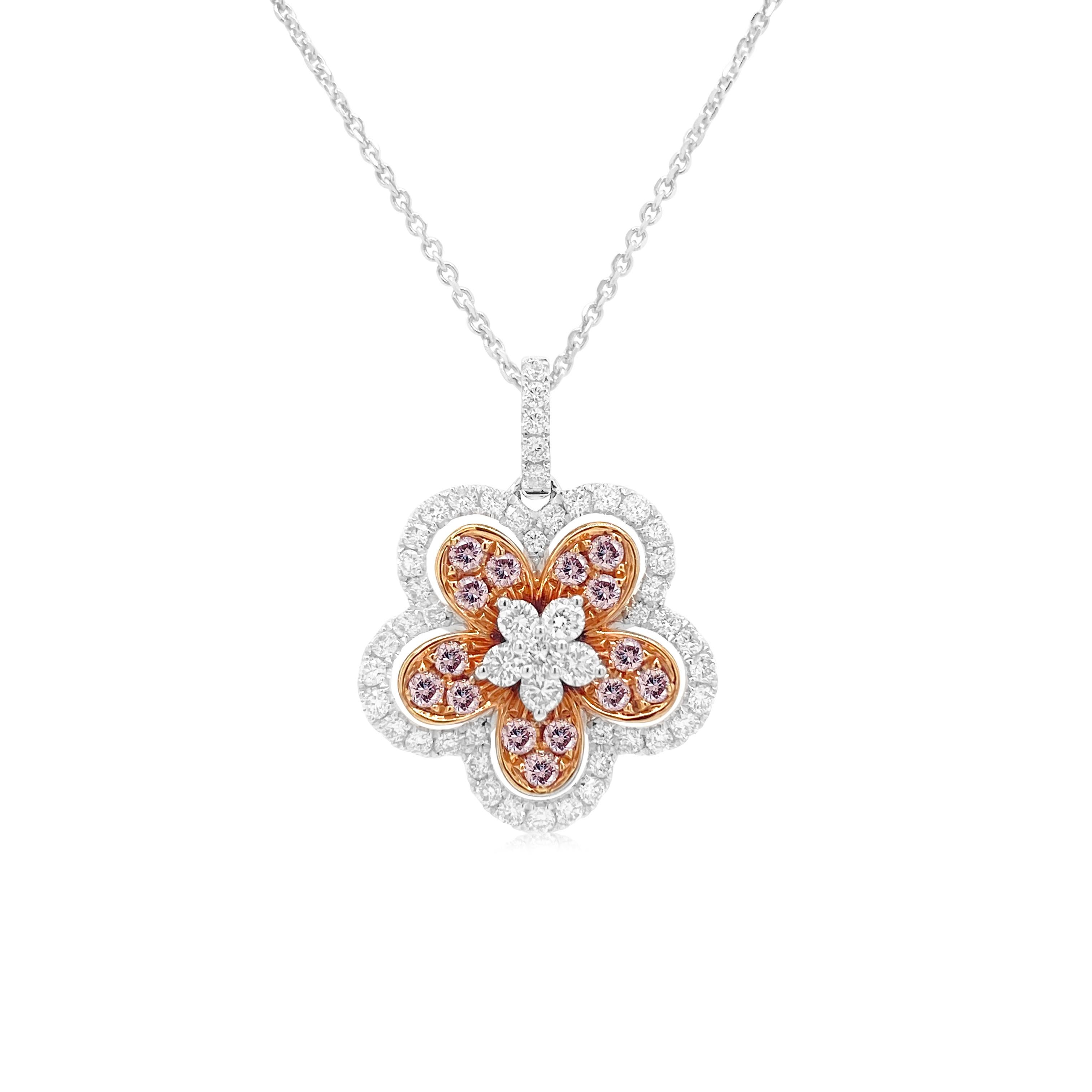 Round Cut Argyle Pink Diamond and White Diamond Pendant with Platinum chain For Sale