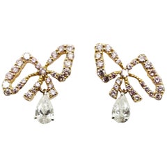 Argyle Pink Diamond Bows with White Pear Shape Diamond Dandling Clip-On Earrings
