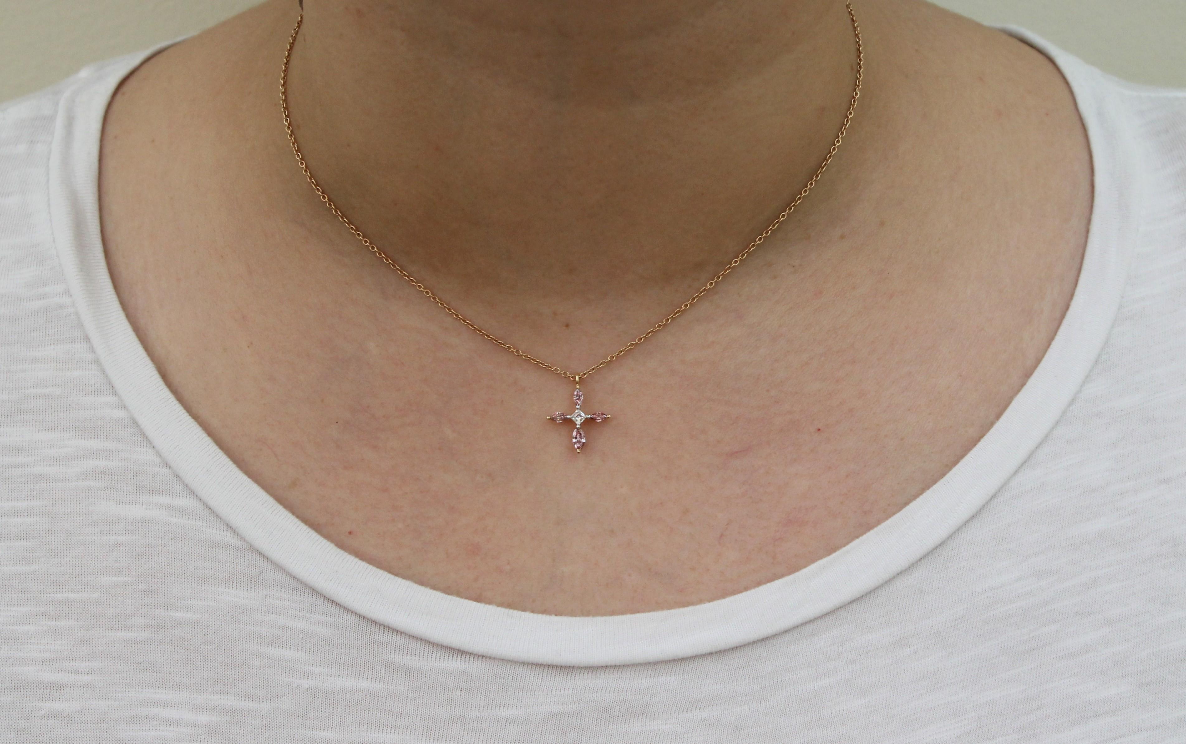 Contemporary Argyle Pink Diamond Marquise and White Diamond Rose Gold Cross Pendant Necklace For Sale