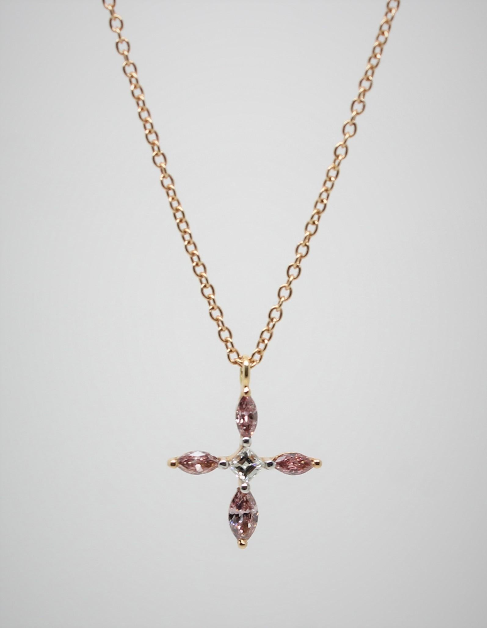 Women's Argyle Pink Diamond Marquise and White Diamond Rose Gold Cross Pendant Necklace For Sale