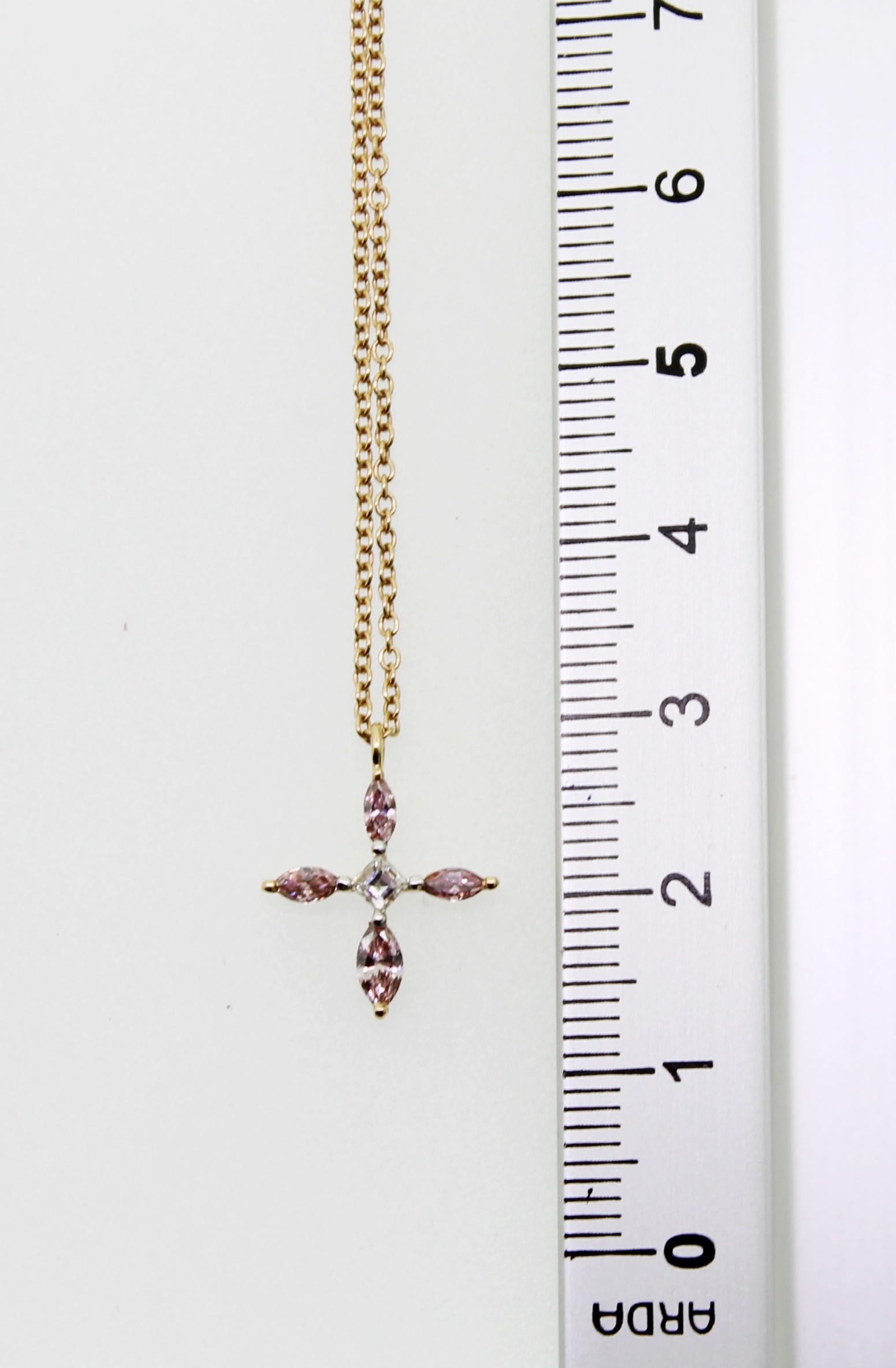 Argyle Pink Diamond Marquise and White Diamond Rose Gold Cross Pendant Necklace For Sale 2