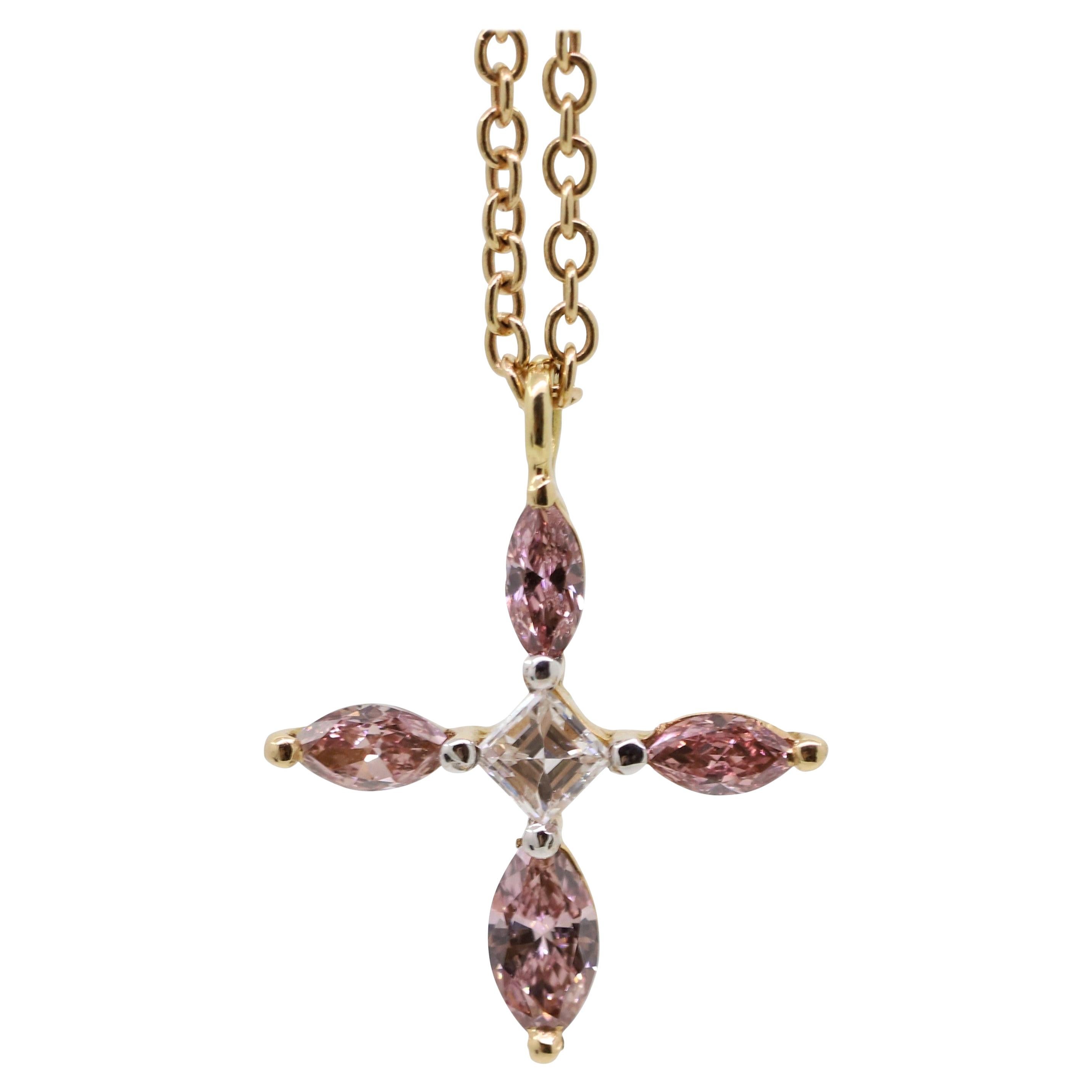 Argyle Pink Diamond Marquise and White Diamond Rose Gold Cross Pendant Necklace For Sale