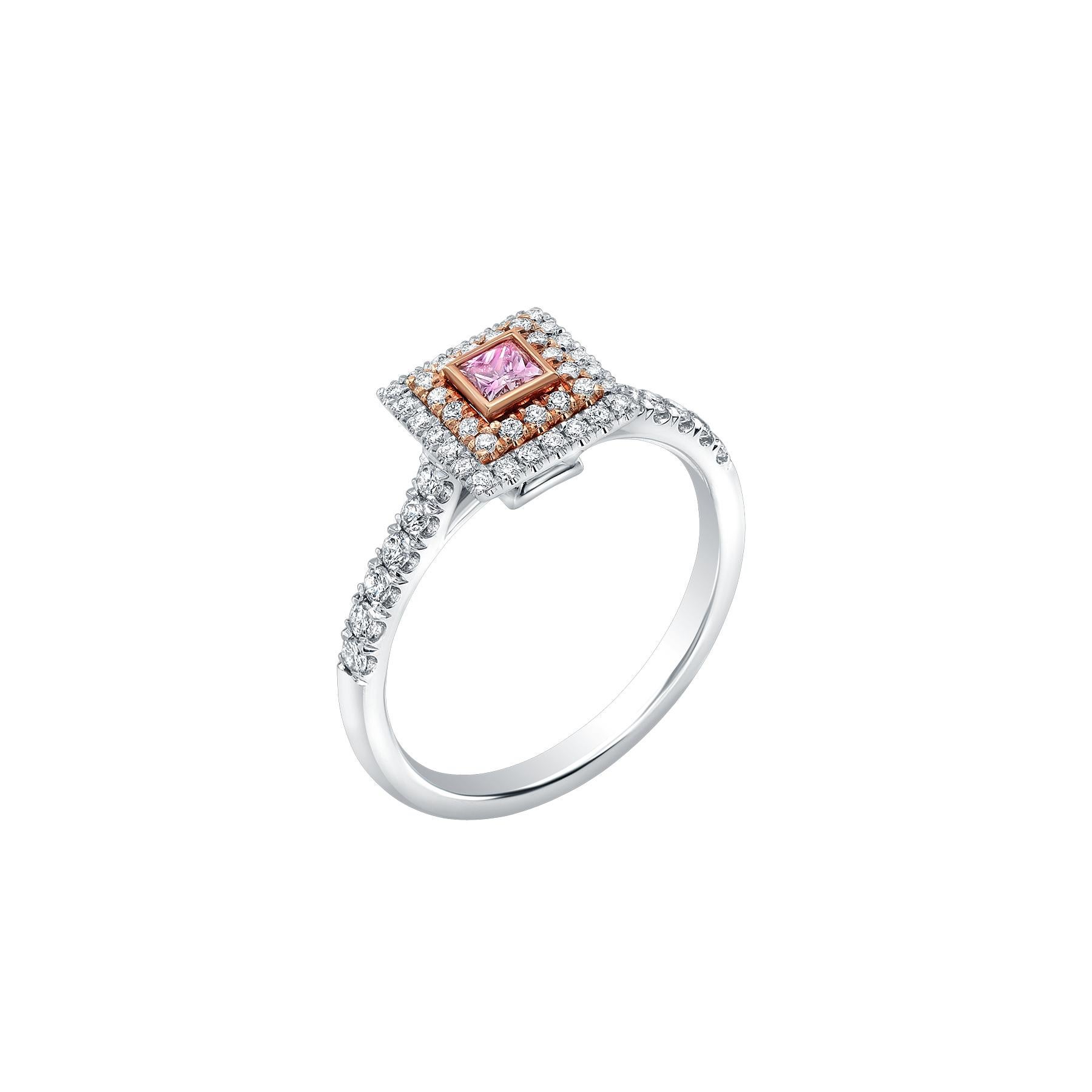 0.13 ct Argyle Pink Princess Diamond set in 18k white and pink gold pavé ring
pavé diamonds 0.37 ct total weight
6.5 ring size
