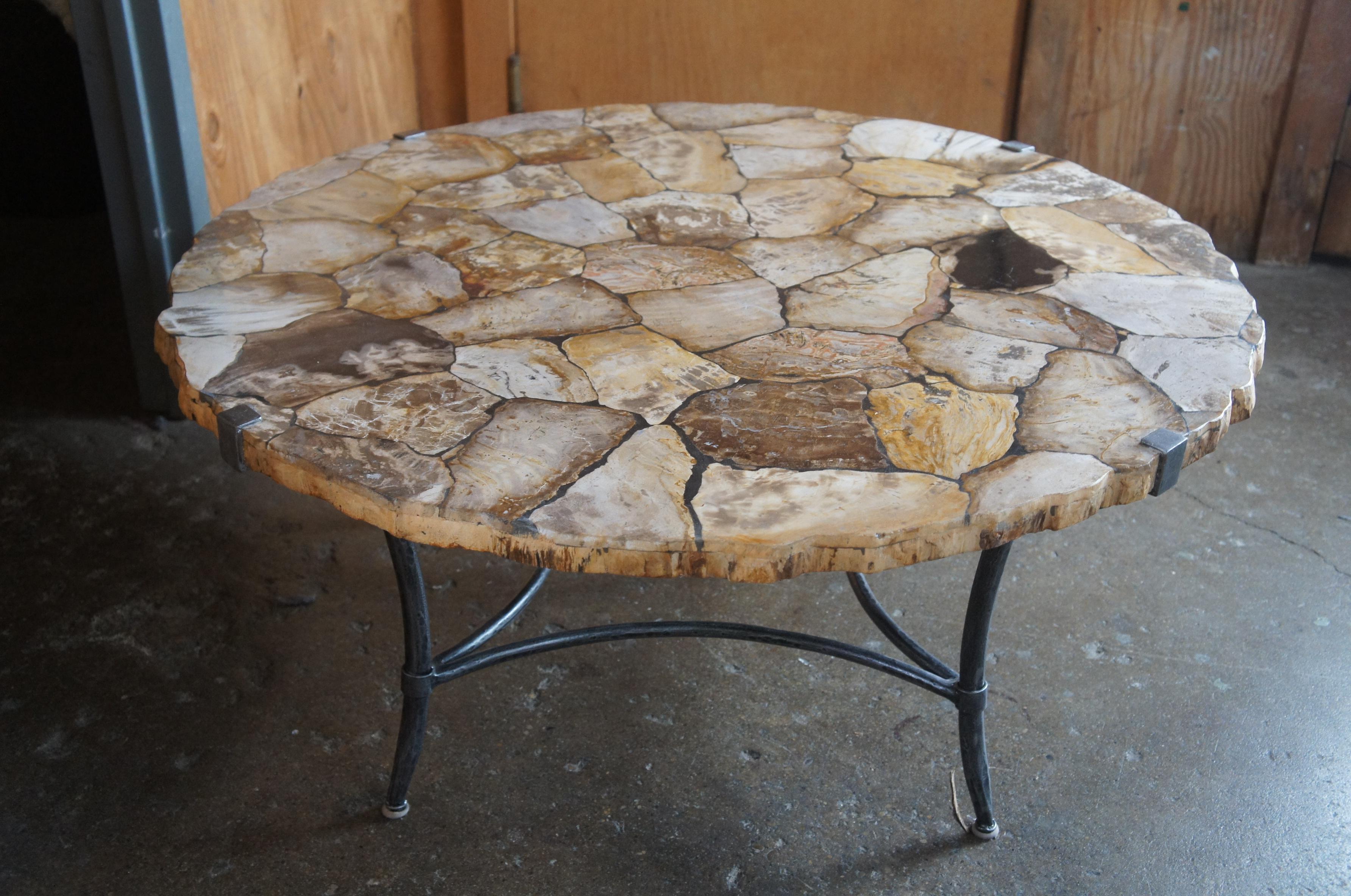 Arhaus Boracay Rustic Round Petrified Wood & Iron Mosaic Coffee Cocktail Table 2