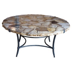 Retro Arhaus Boracay Rustic Round Petrified Wood & Iron Mosaic Coffee Cocktail Table