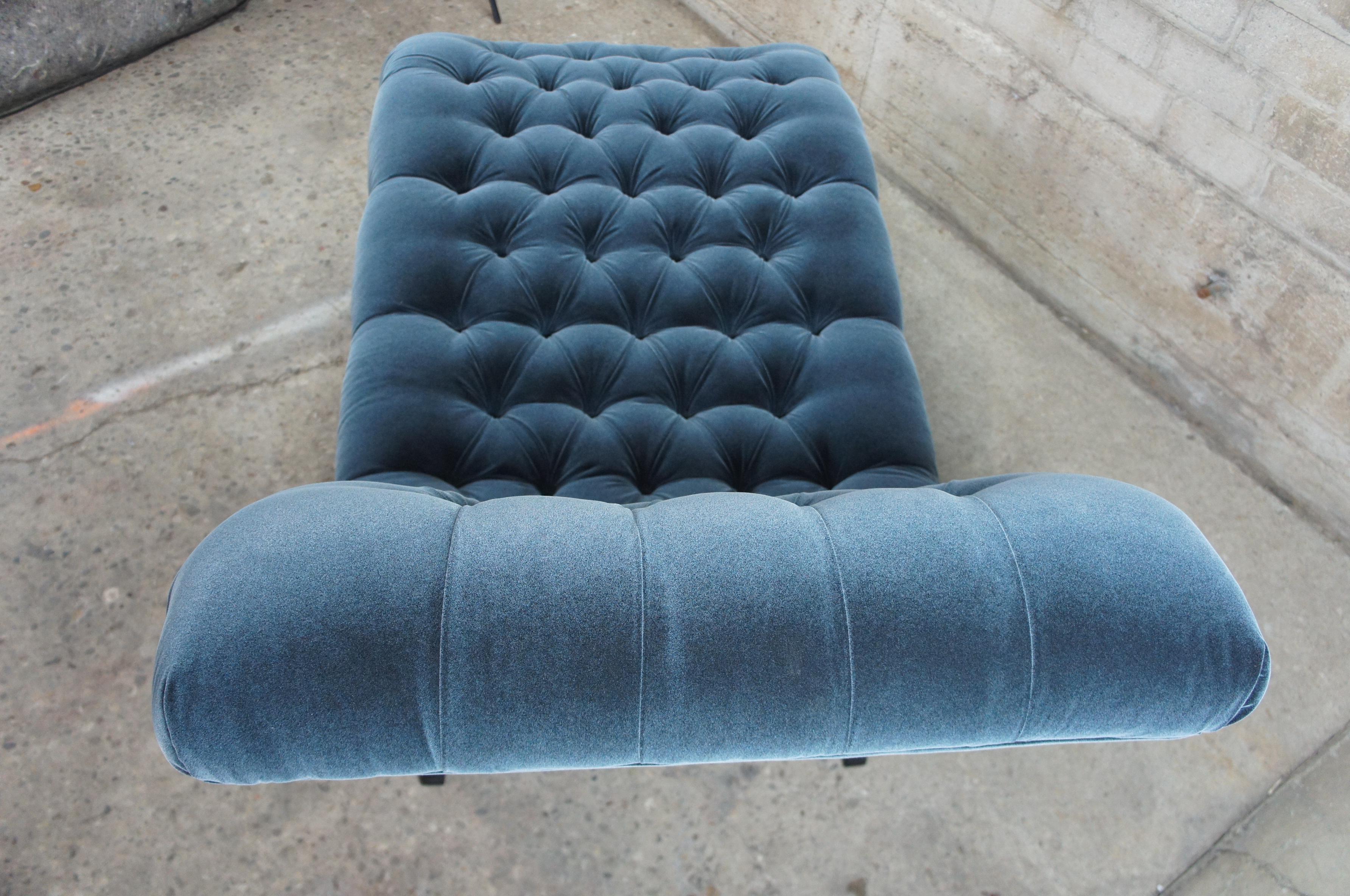 Arhaus Camden Collection Audrey Tufted Blue Velvet Chaise Lounge Chair 1
